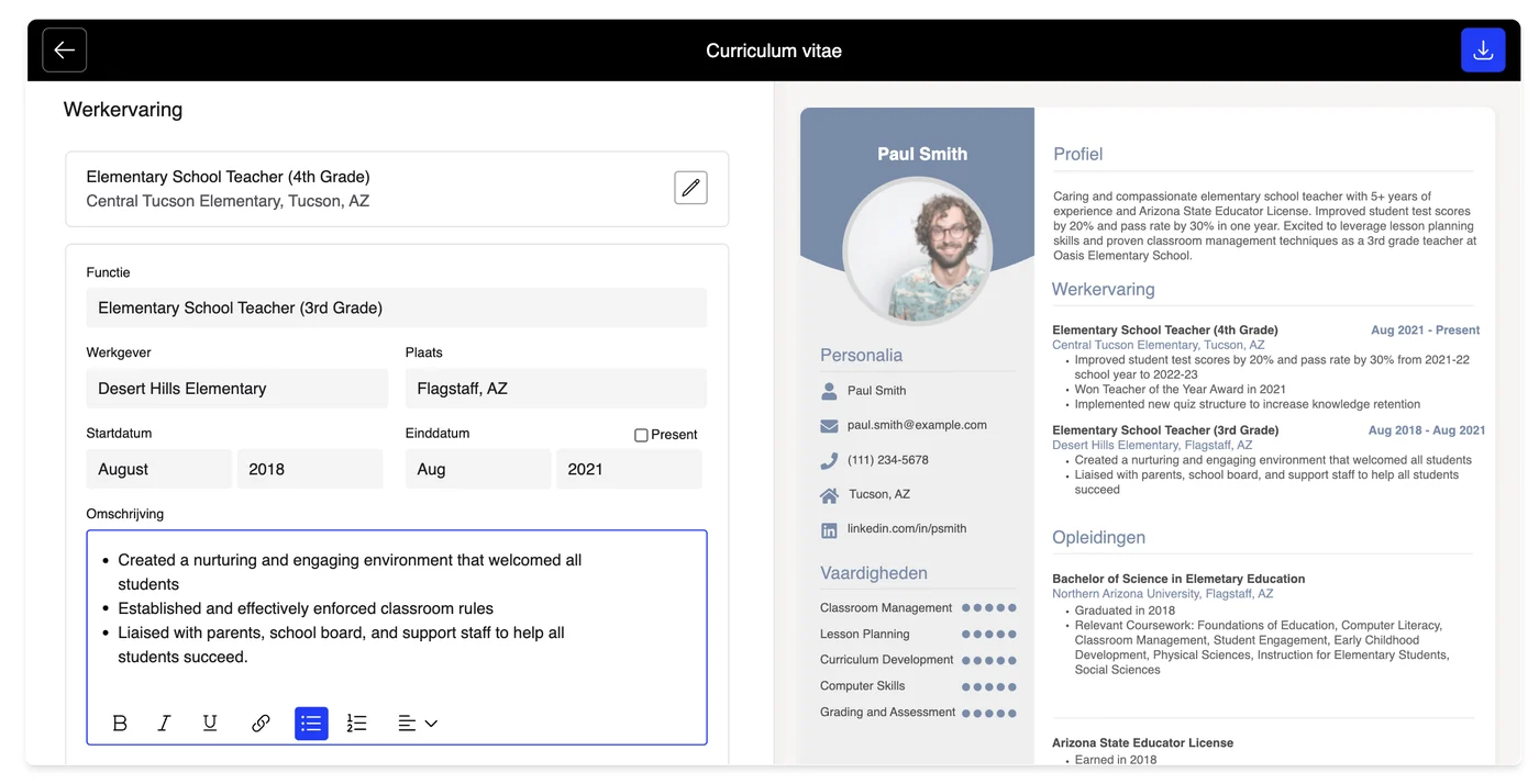 De cv-maker op cv.nl: invulformulier links en een live-voorbeeld rechts