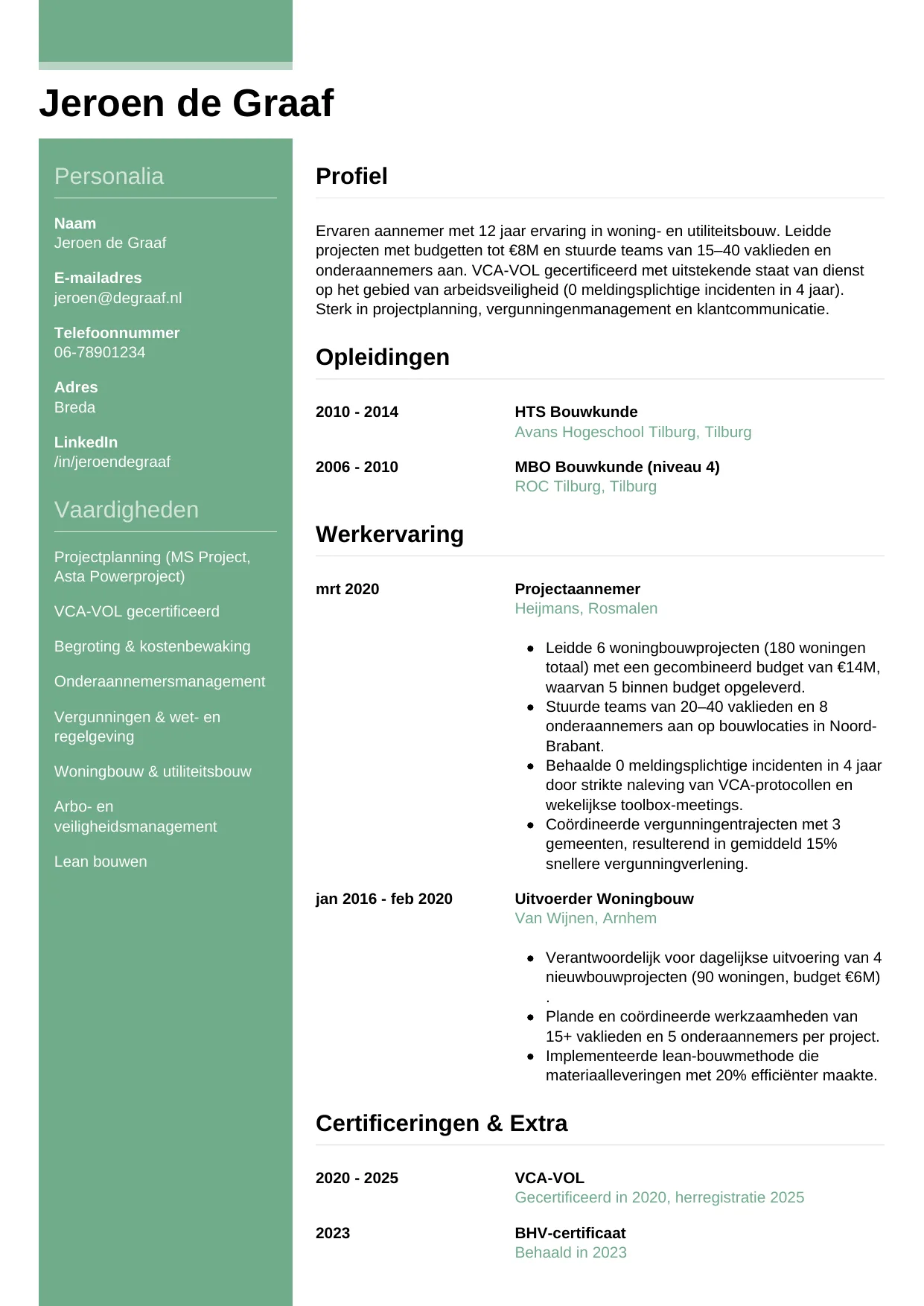 Voorbeeld CV voor aannemer in template Casual. CV Casual voor aannemer