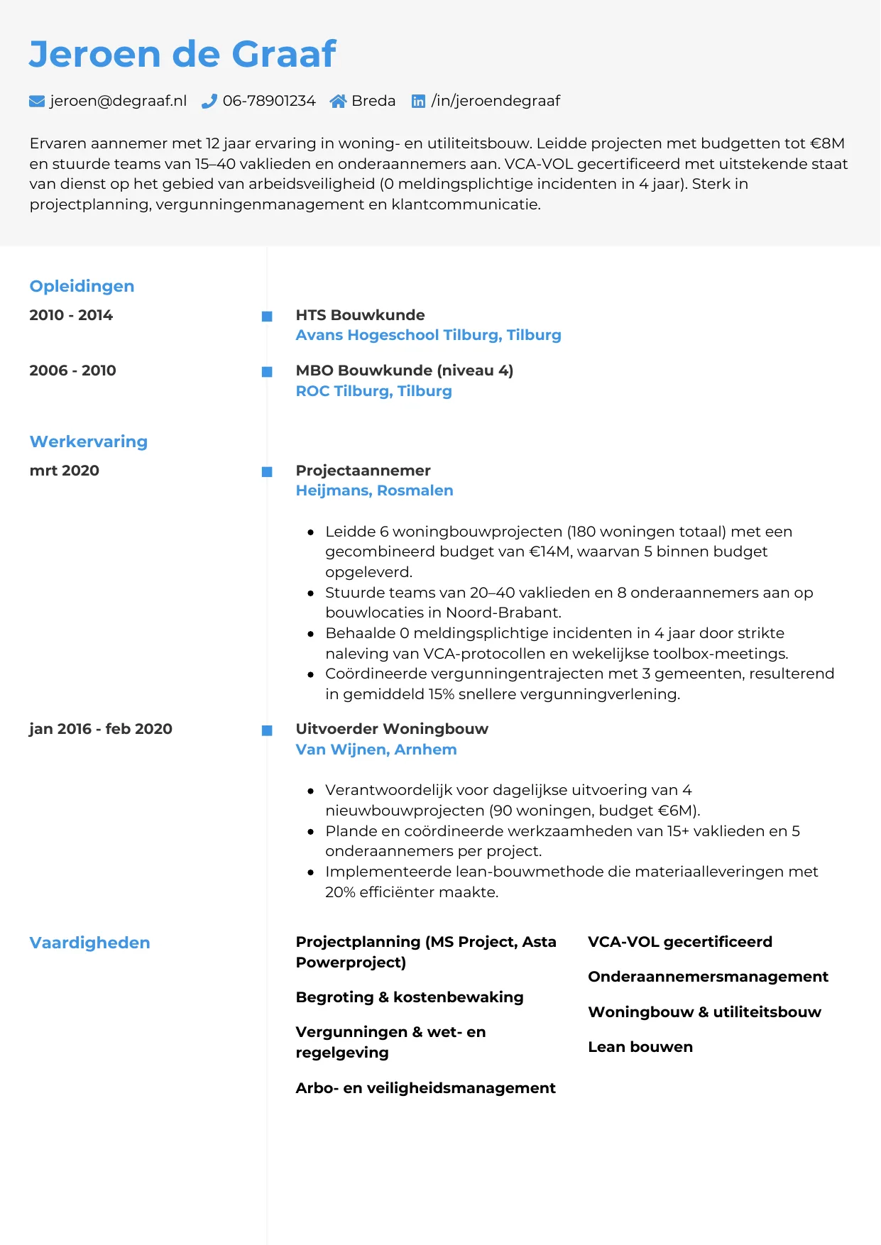 Voorbeeld CV voor aannemer in template Chrono. CV Chrono voor aannemer
