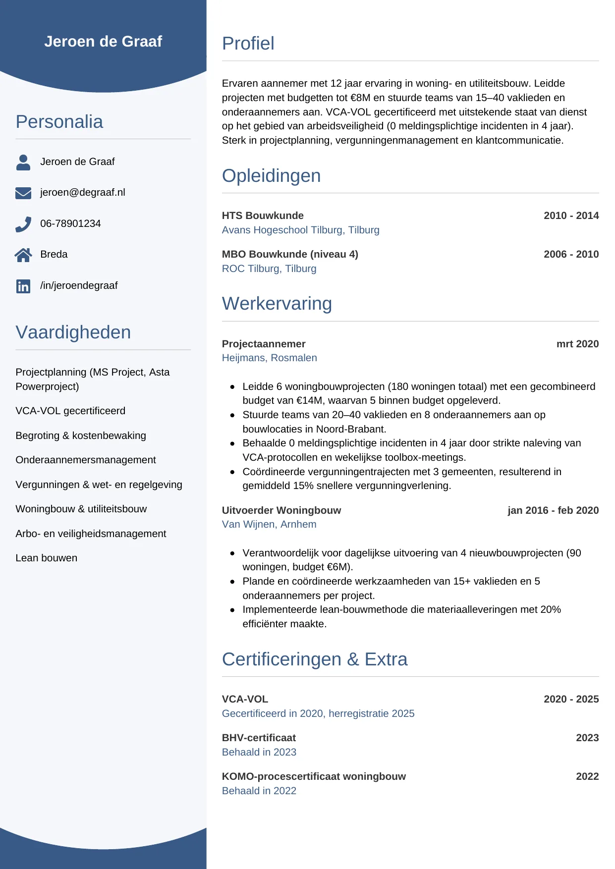 Voorbeeld CV voor aannemer in template Circulair. CV Circulair voor aannemer