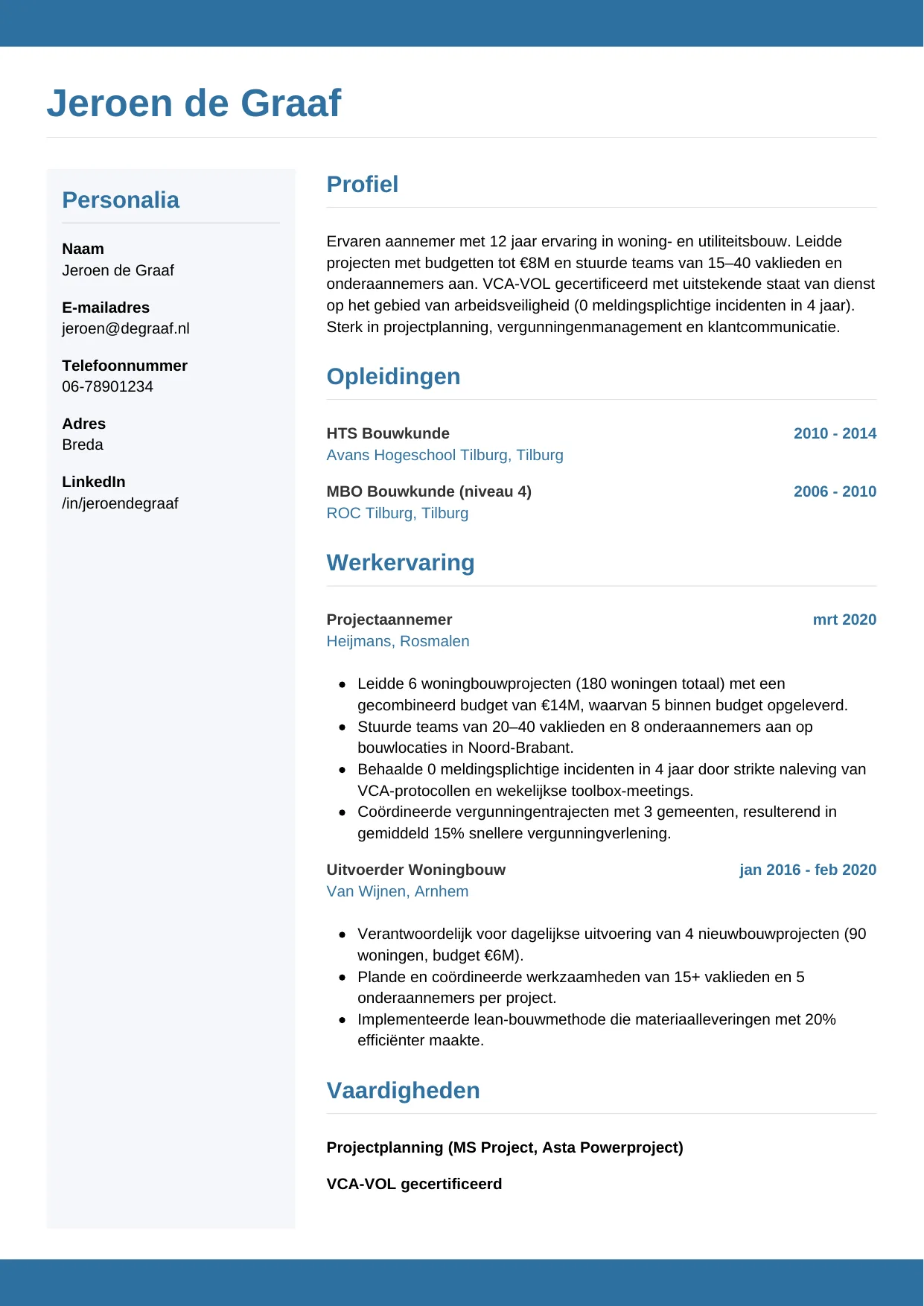 Voorbeeld CV voor aannemer in template Horizontaal. CV Horizontaal voor aannemer