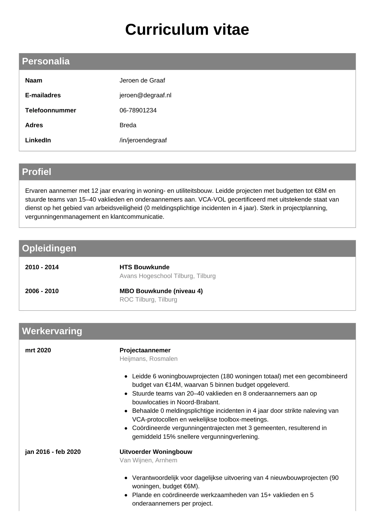 Voorbeeld CV voor aannemer in template Klassiek. CV Klassiek voor aannemer