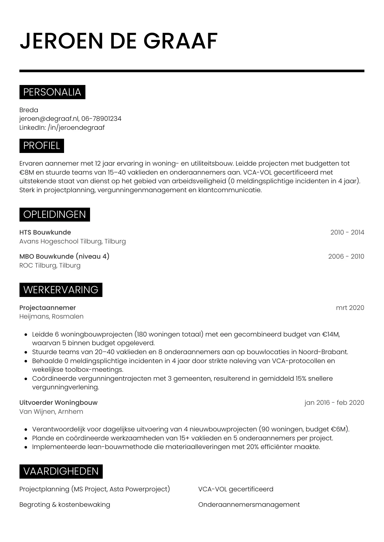 Voorbeeld CV voor aannemer in template Metro. CV Metro voor aannemer
