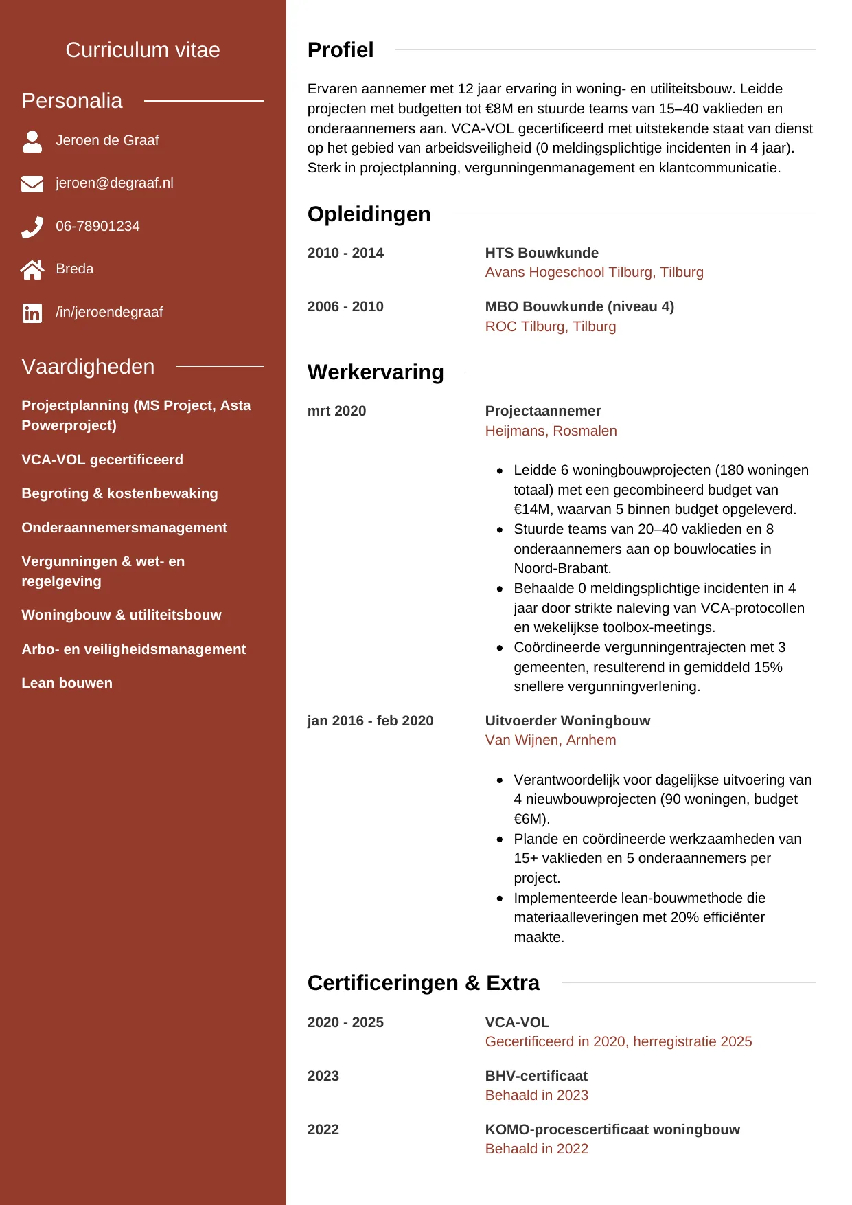 Voorbeeld CV voor aannemer in template Modern. CV Modern voor aannemer