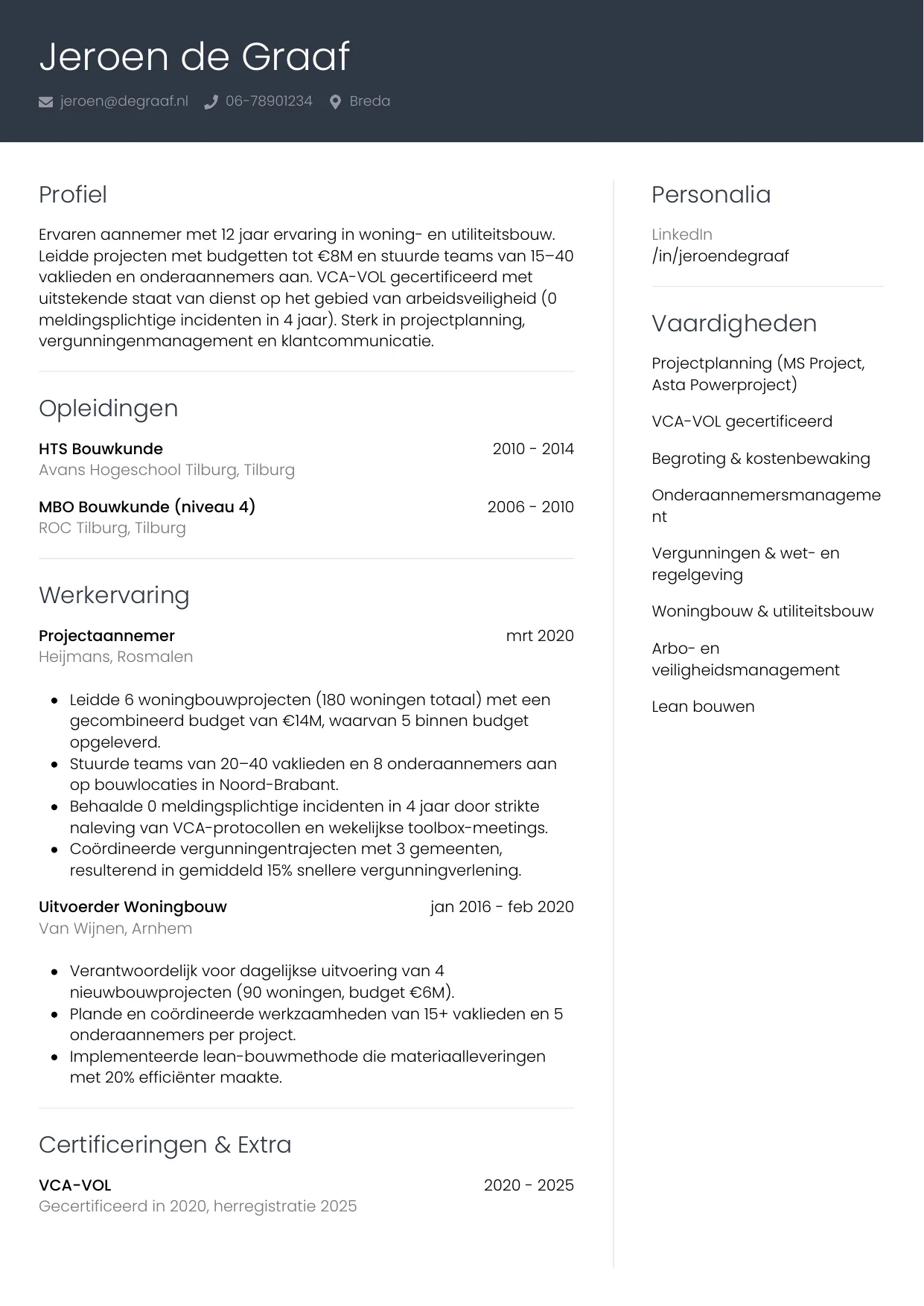 Voorbeeld CV voor aannemer in template Professioneel. CV Professioneel voor aannemer