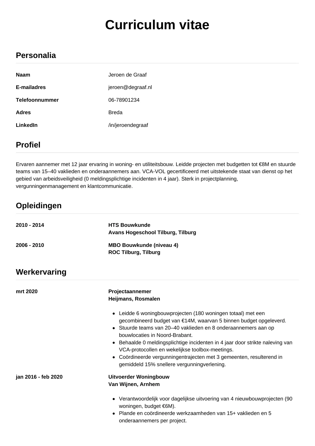 Voorbeeld CV voor aannemer in template Simpel. CV Simpel voor aannemer