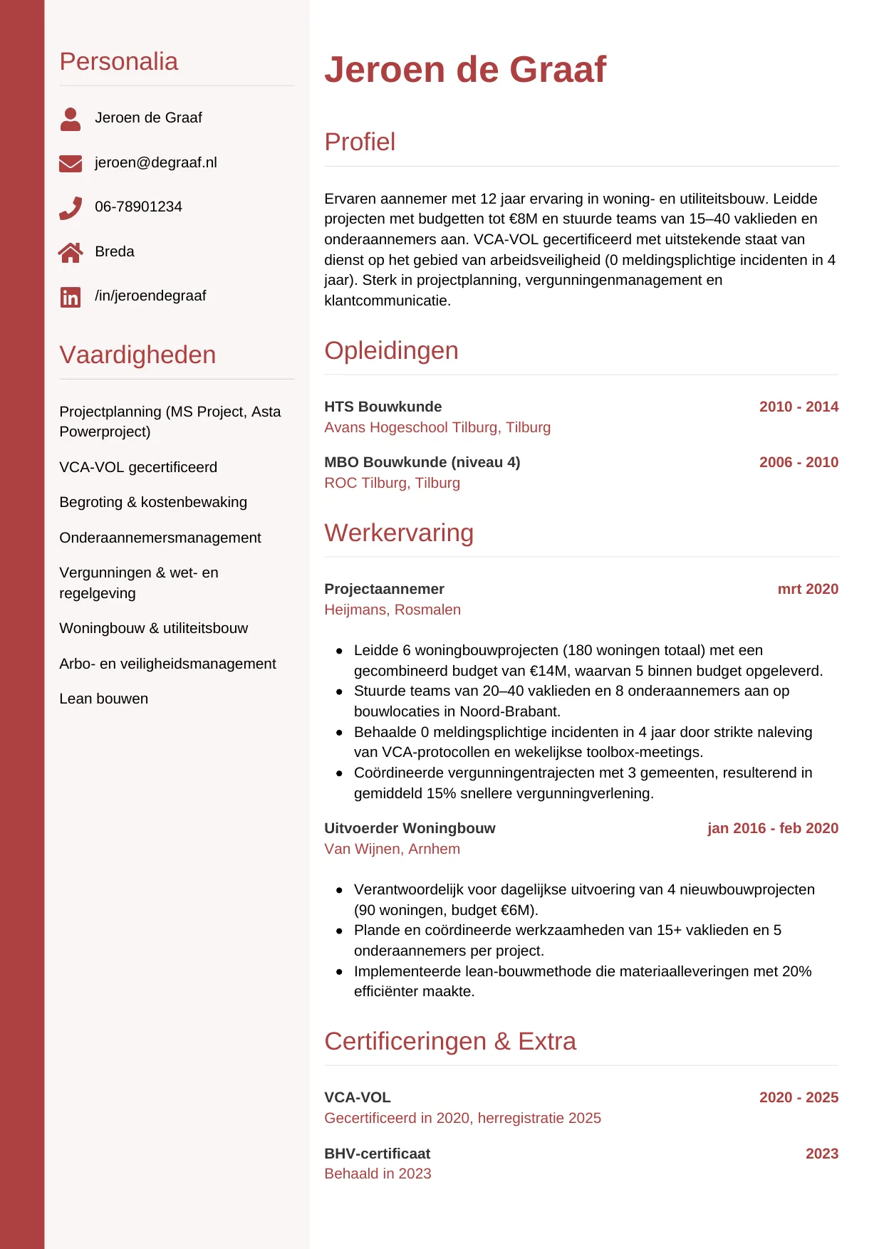 Voorbeeld CV voor aannemer in template Verticaal. CV Verticaal voor aannemer