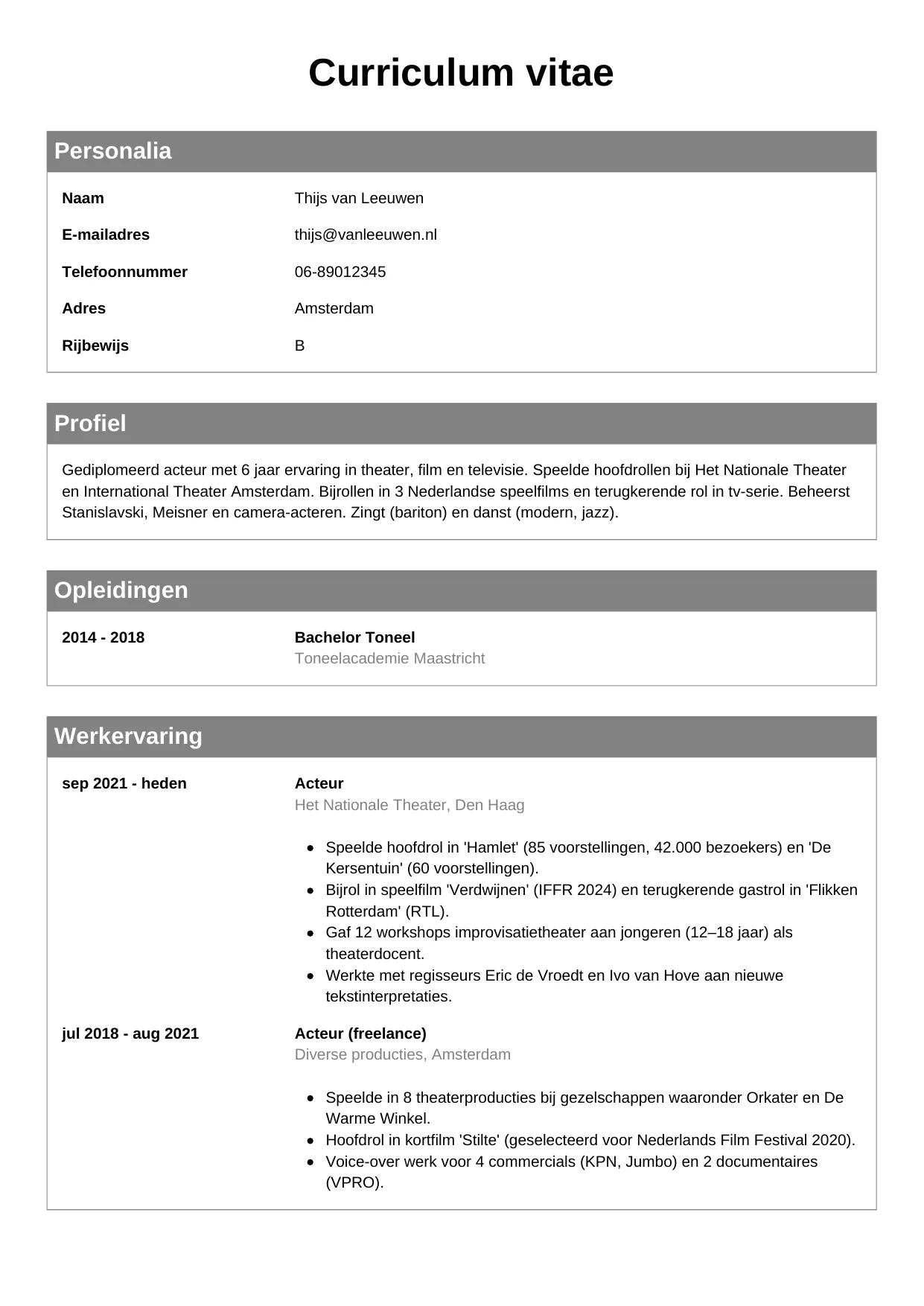 CV Klassiek voor acteur