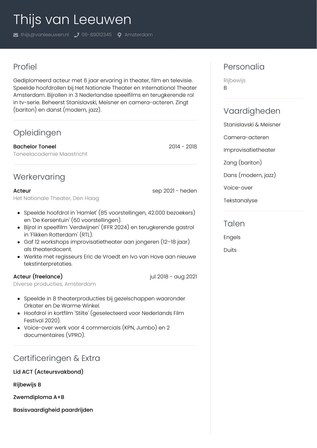 CV Professioneel voor acteur