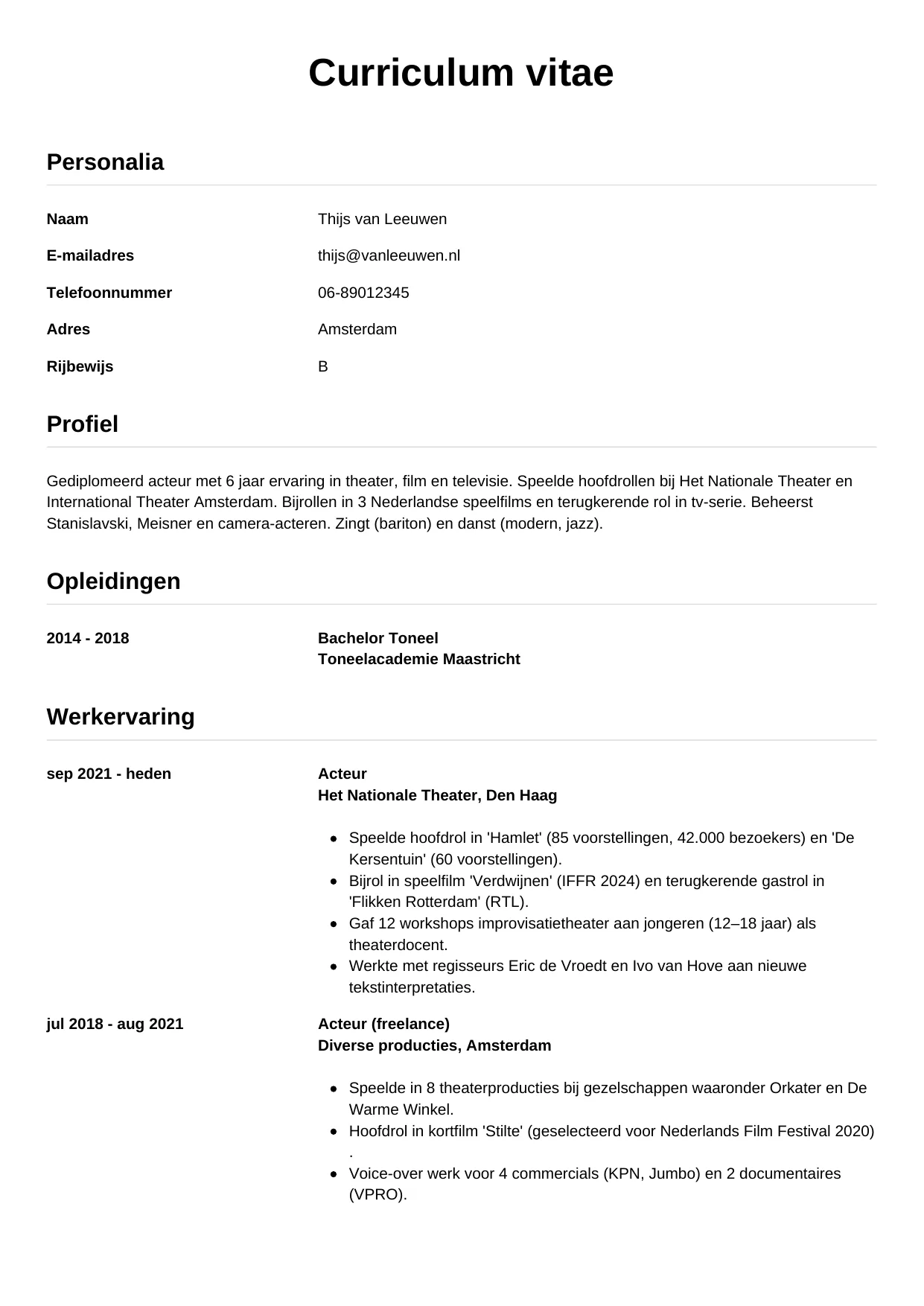 CV Simpel voor acteur