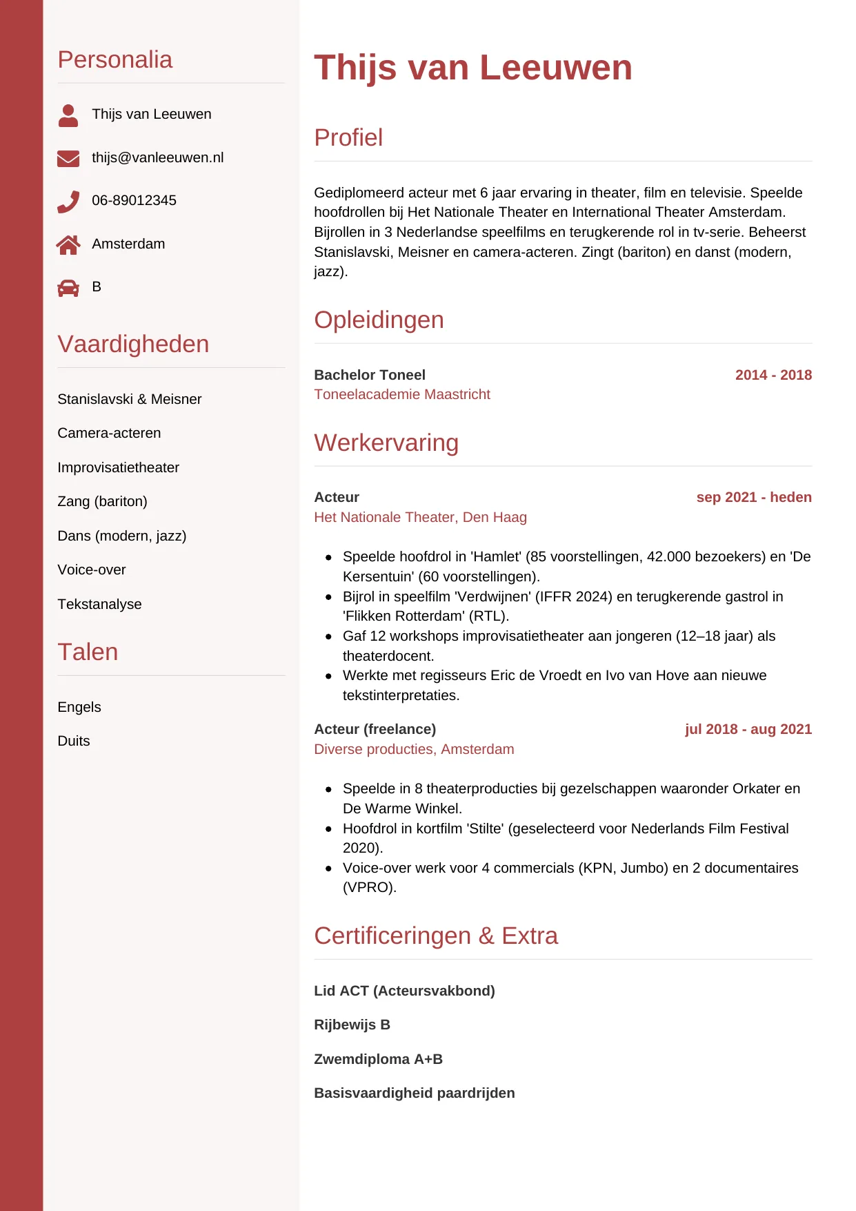 CV Verticaal voor acteur