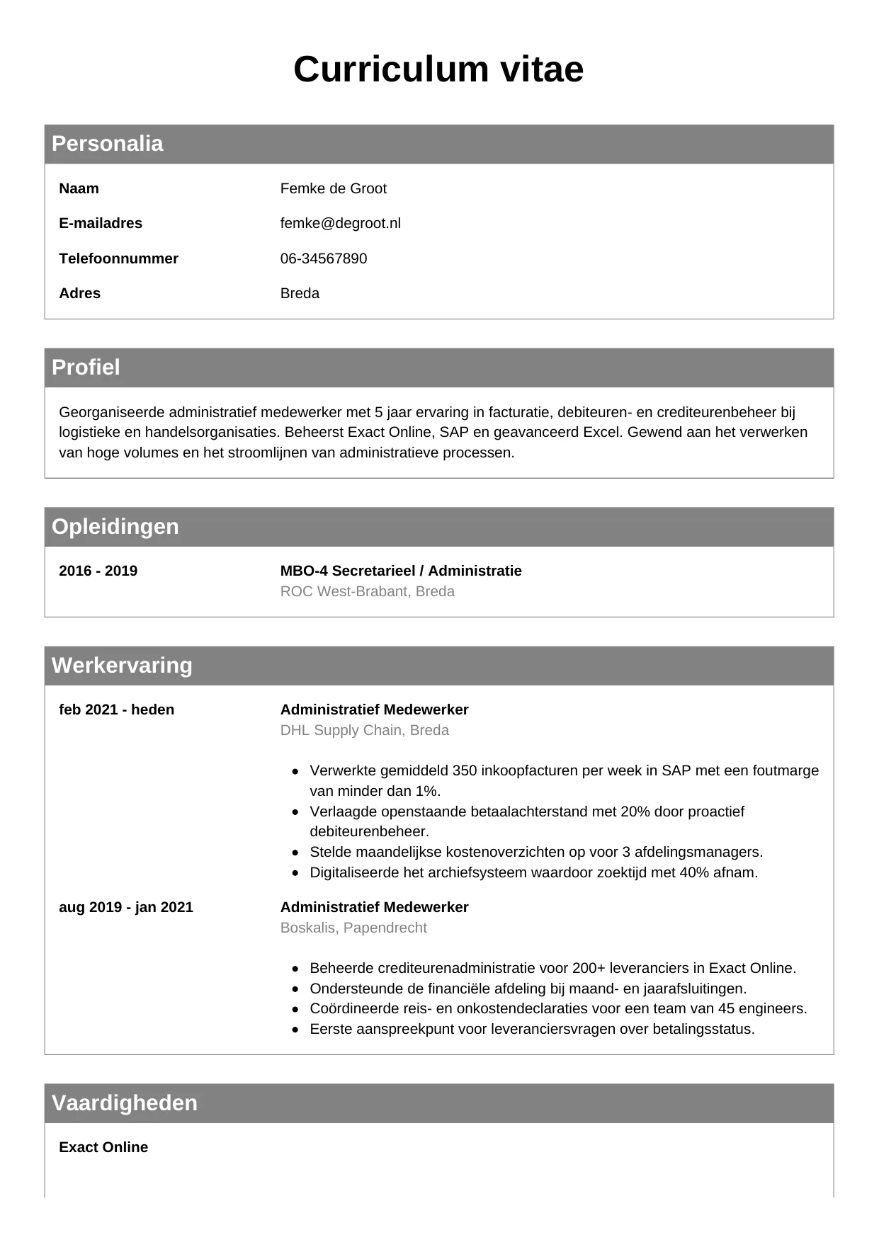 CV Klassiek voor administratief medewerker