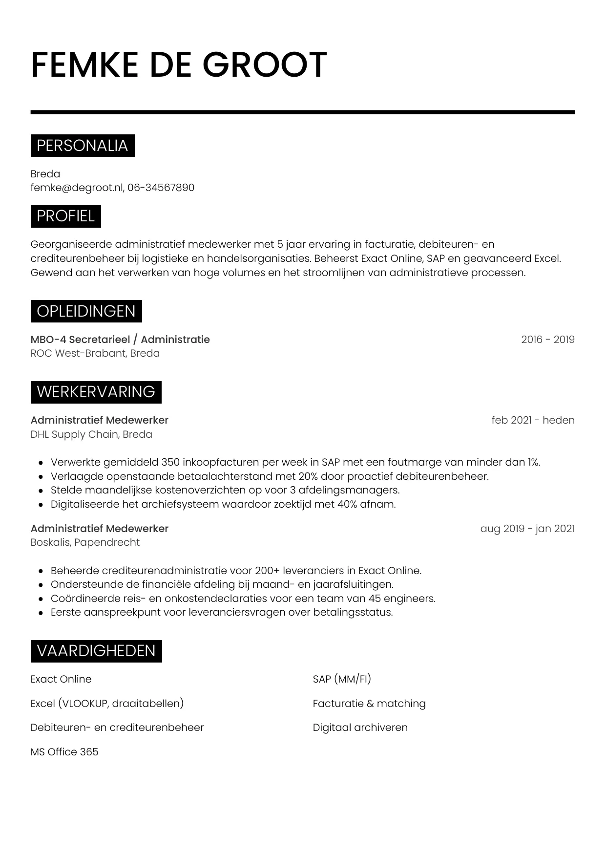 CV Metro voor administratief medewerker
