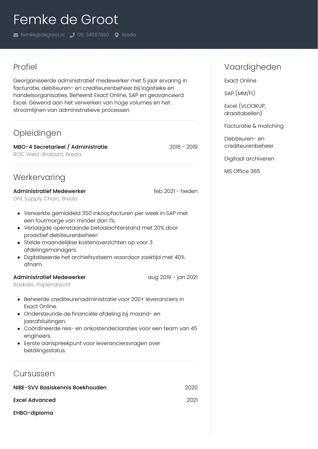 CV Professioneel voor administratief medewerker