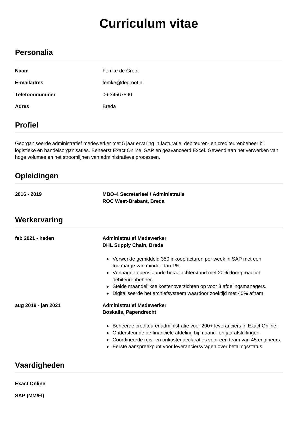CV Simpel voor administratief medewerker