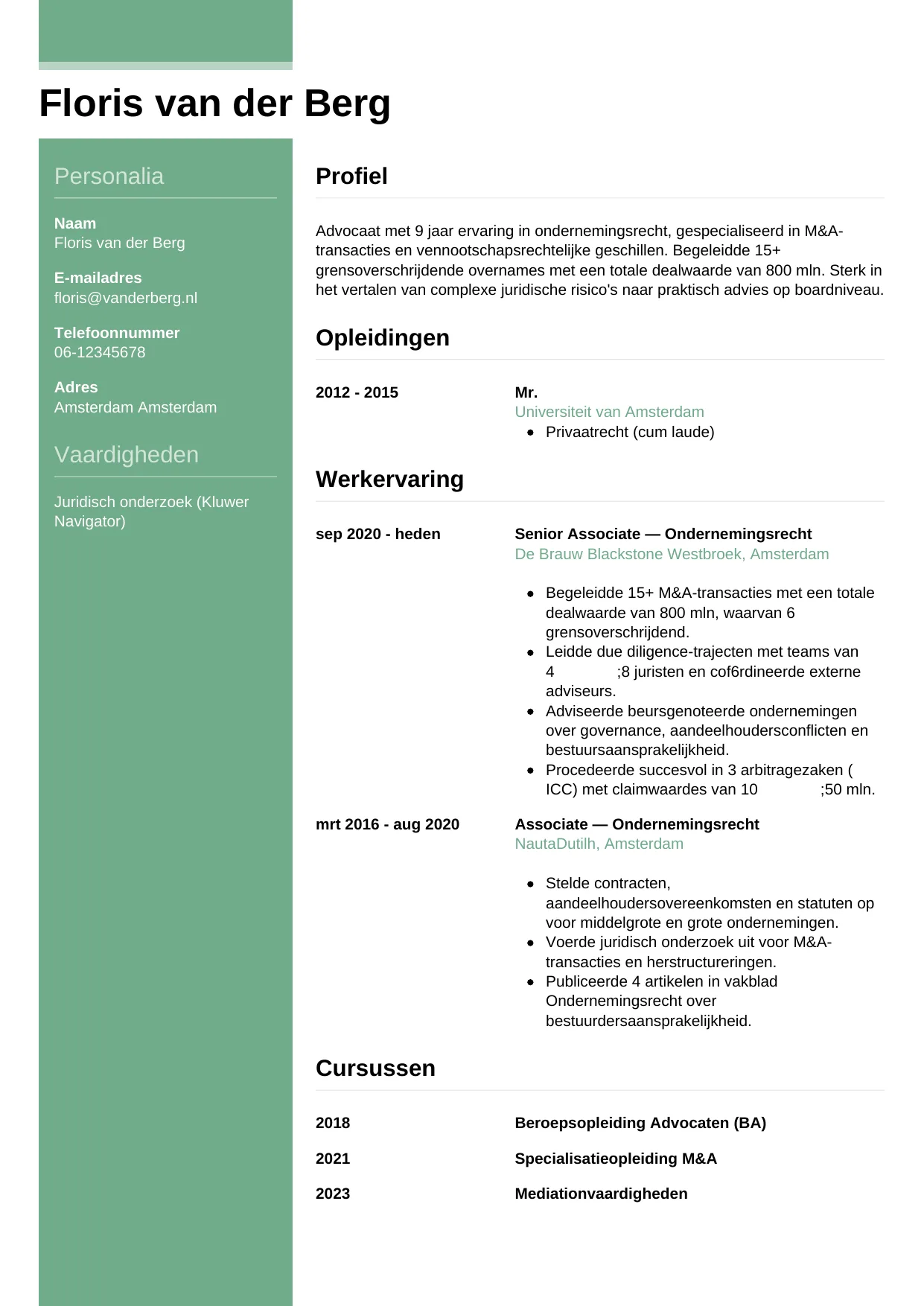 Voorbeeld CV voor advocaat in template Casual. CV Casual voor advocaat
