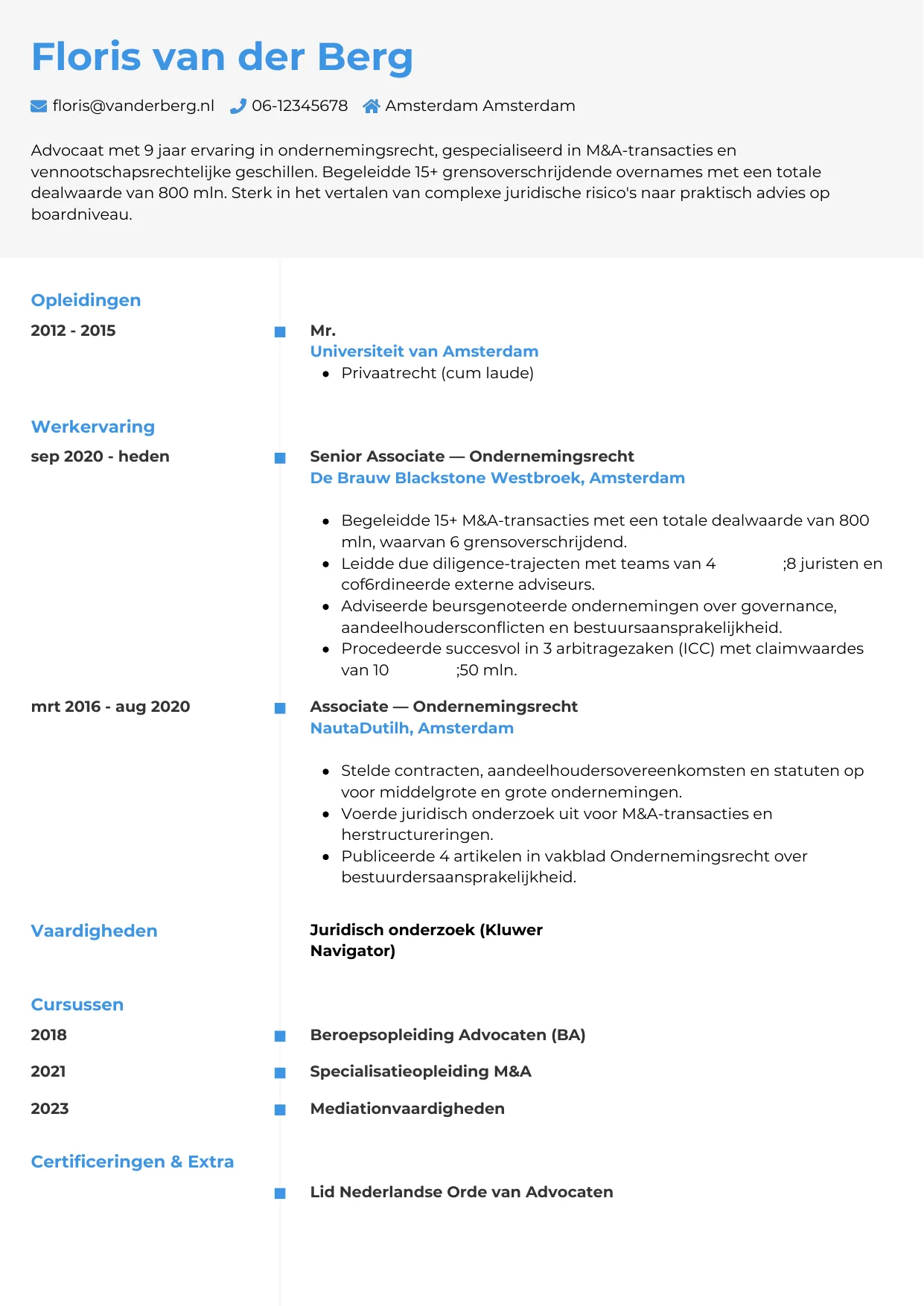 Voorbeeld CV voor advocaat in template Chrono. CV Chrono voor advocaat