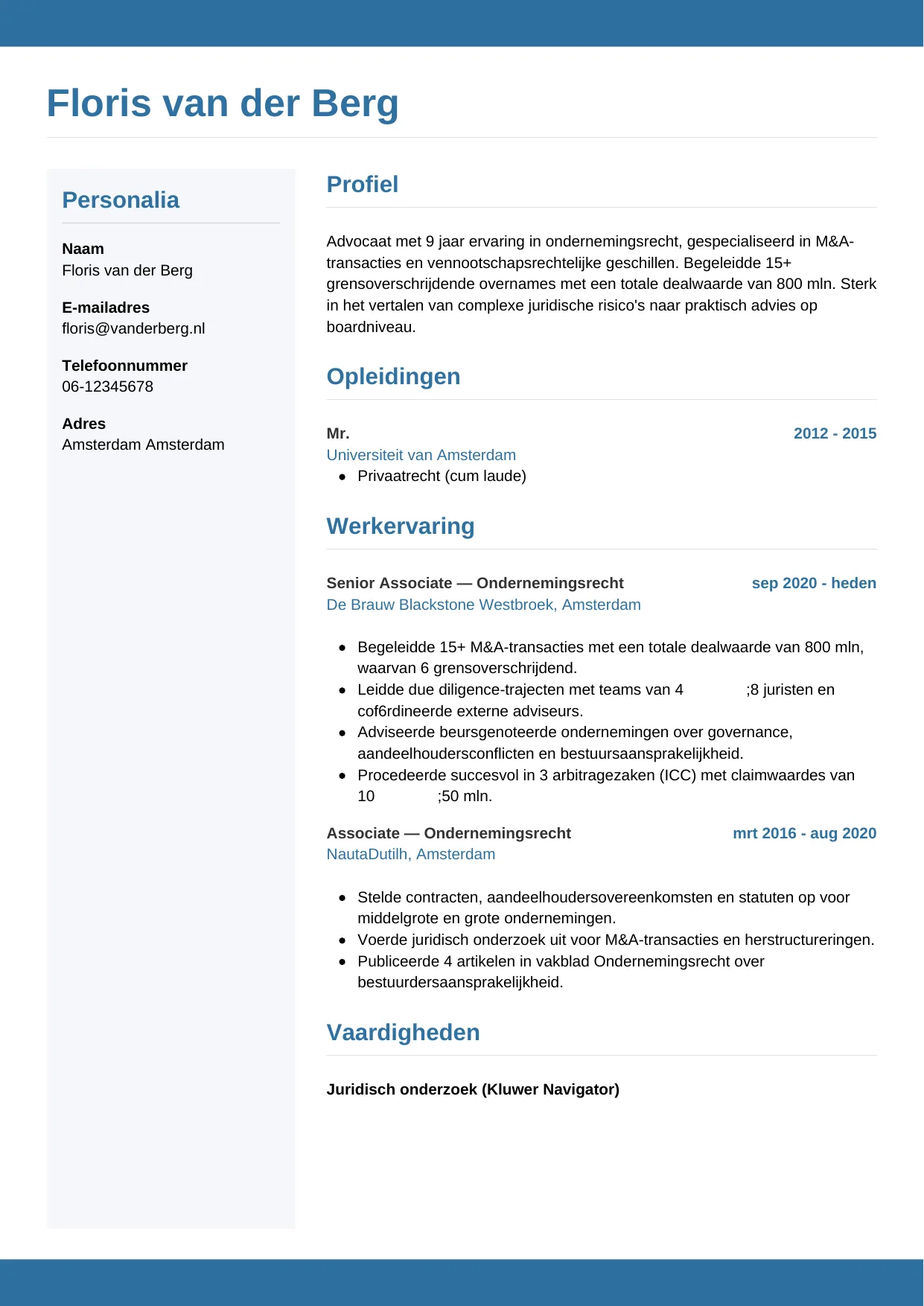 Voorbeeld CV voor advocaat in template Horizontaal. CV Horizontaal voor advocaat