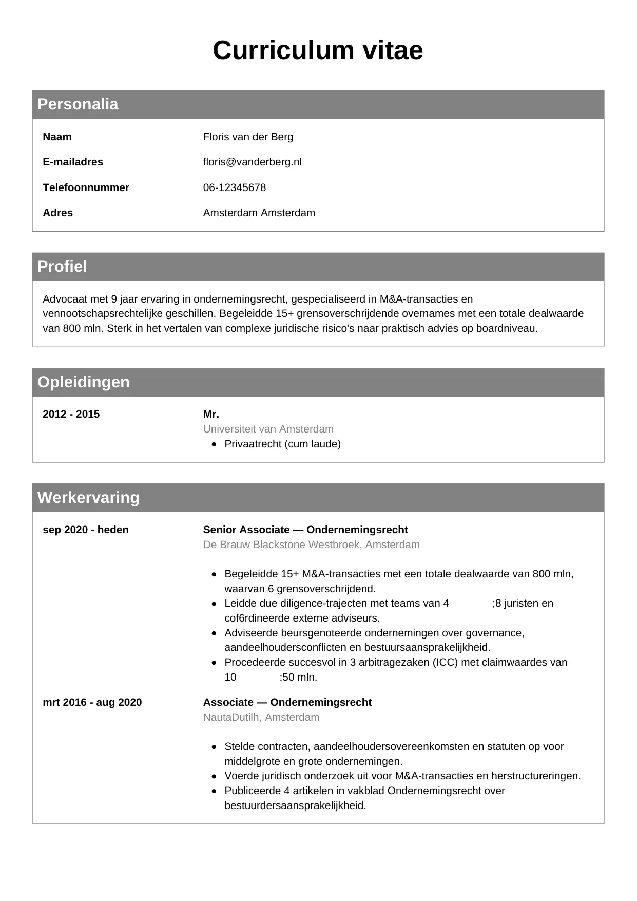 Voorbeeld CV voor advocaat in template Klassiek. CV Klassiek voor advocaat