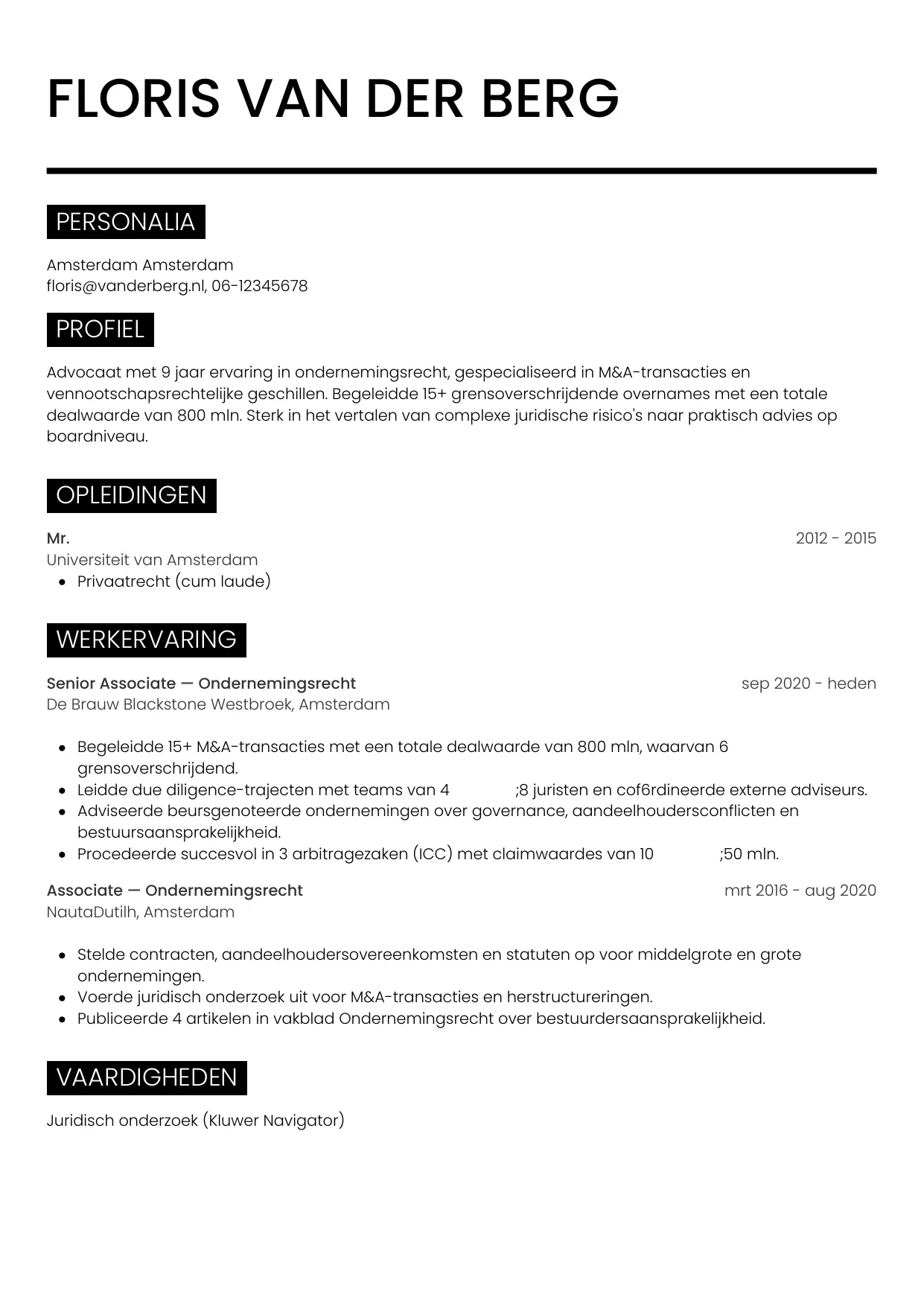Voorbeeld CV voor advocaat in template Metro. CV Metro voor advocaat