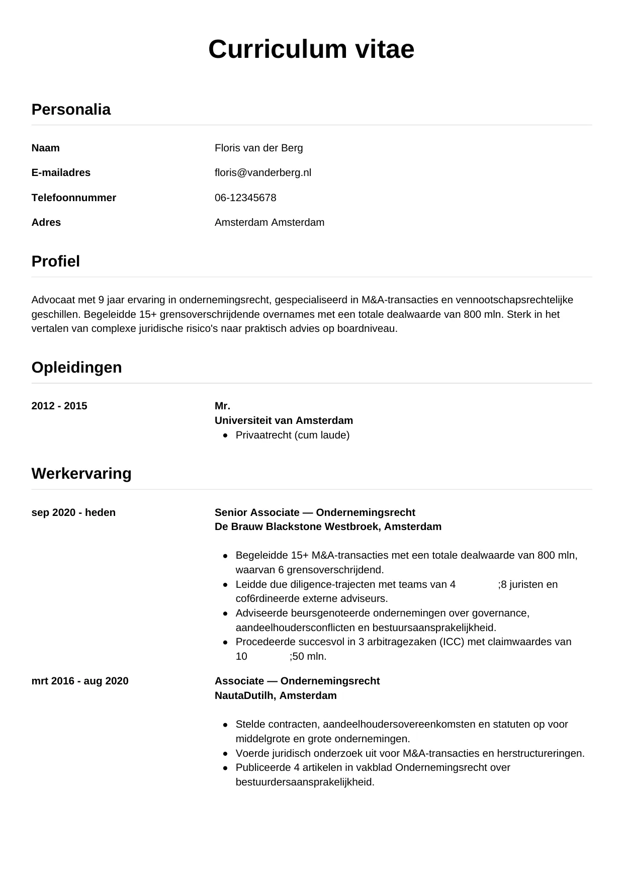 Voorbeeld CV voor advocaat in template Simpel. CV Simpel voor advocaat
