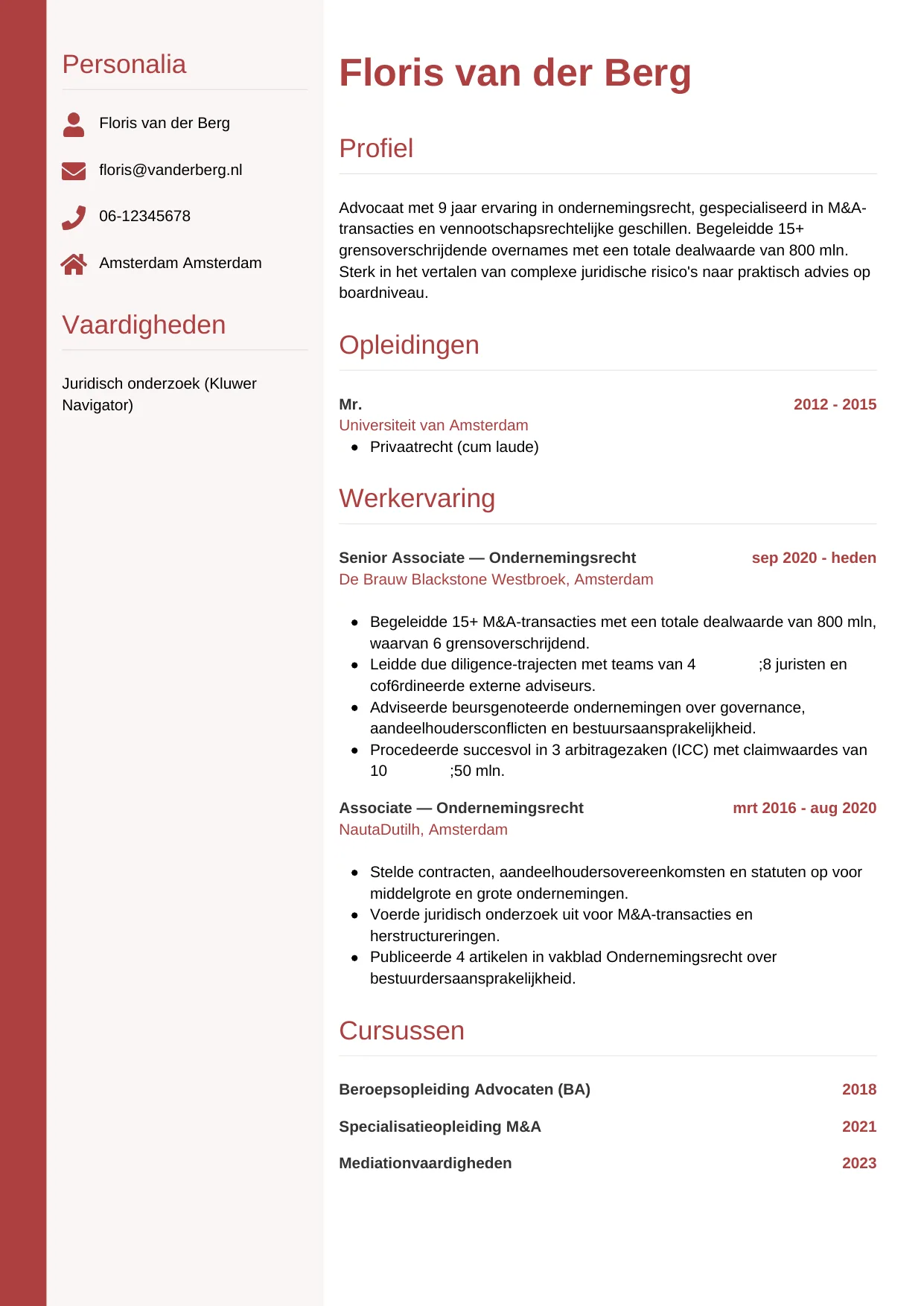 Voorbeeld CV voor advocaat in template Verticaal. CV Verticaal voor advocaat