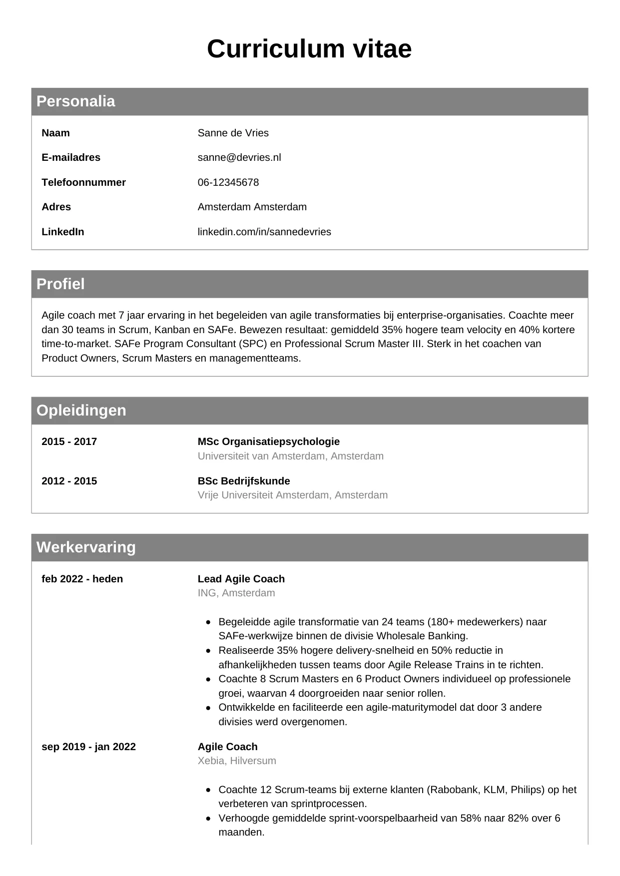 CV Klassiek voor agile coach