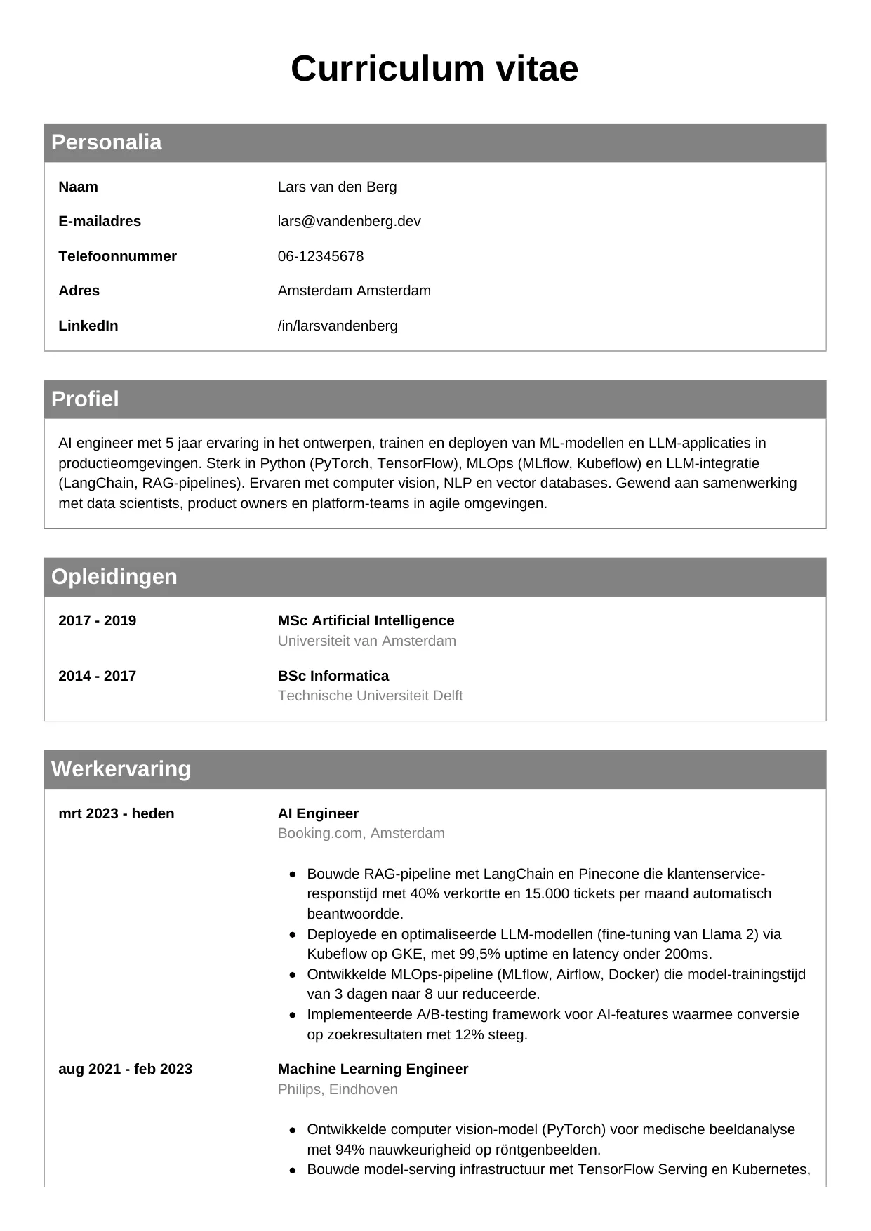 CV Klassiek voor ai engineer
