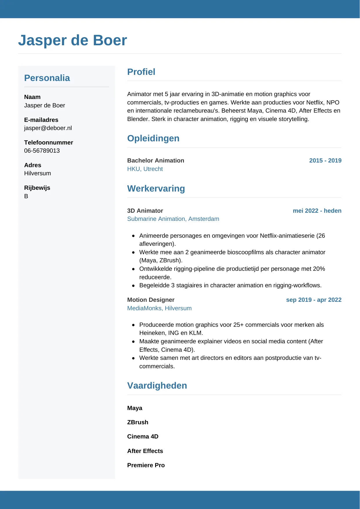 CV Horizontaal voor animator