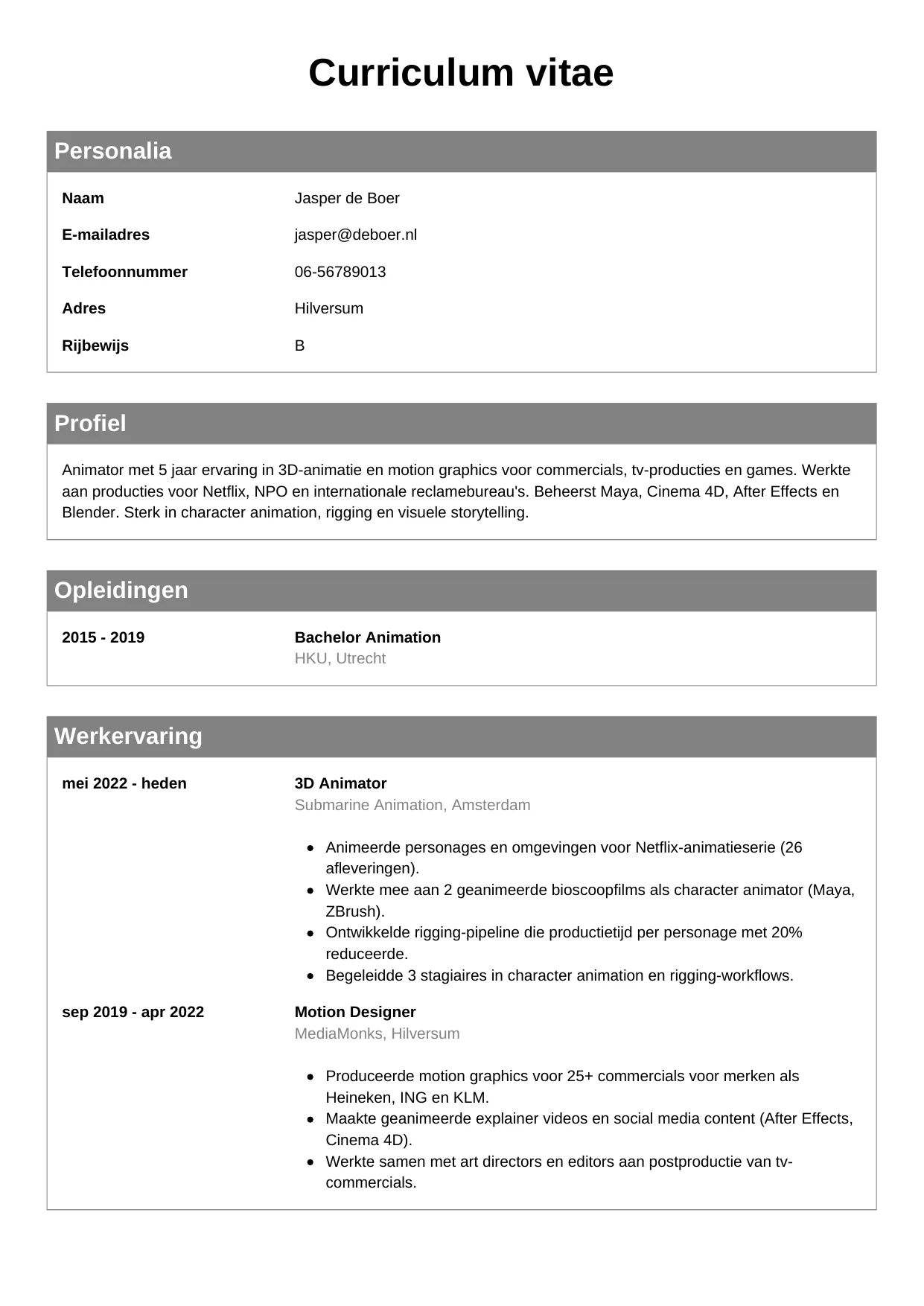 CV Klassiek voor animator