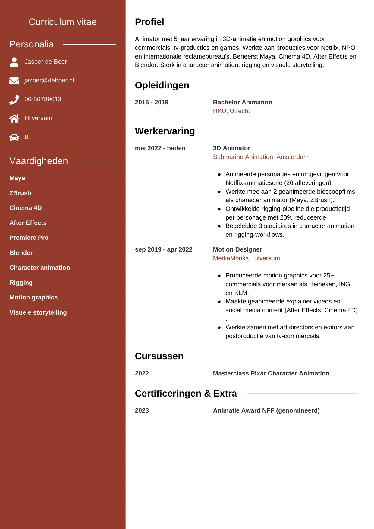 CV Modern voor animator