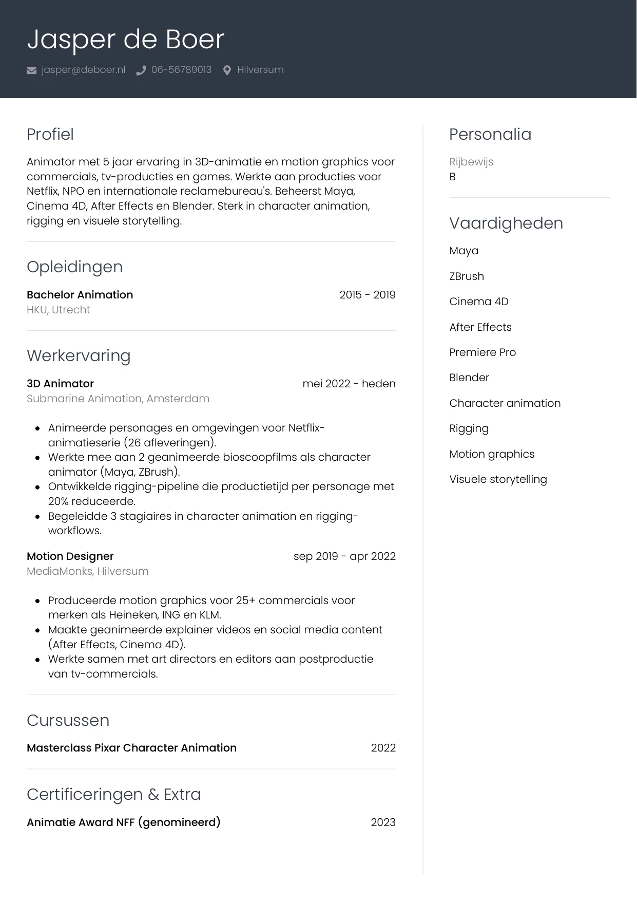 CV Professioneel voor animator