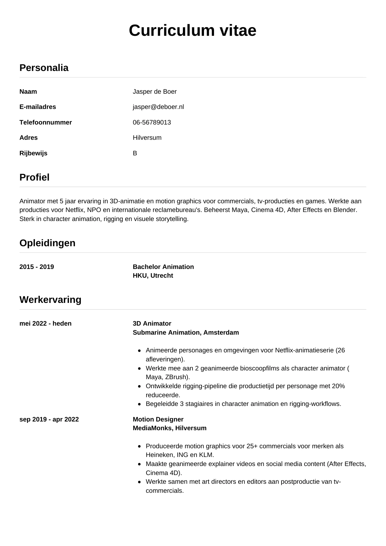 CV Simpel voor animator