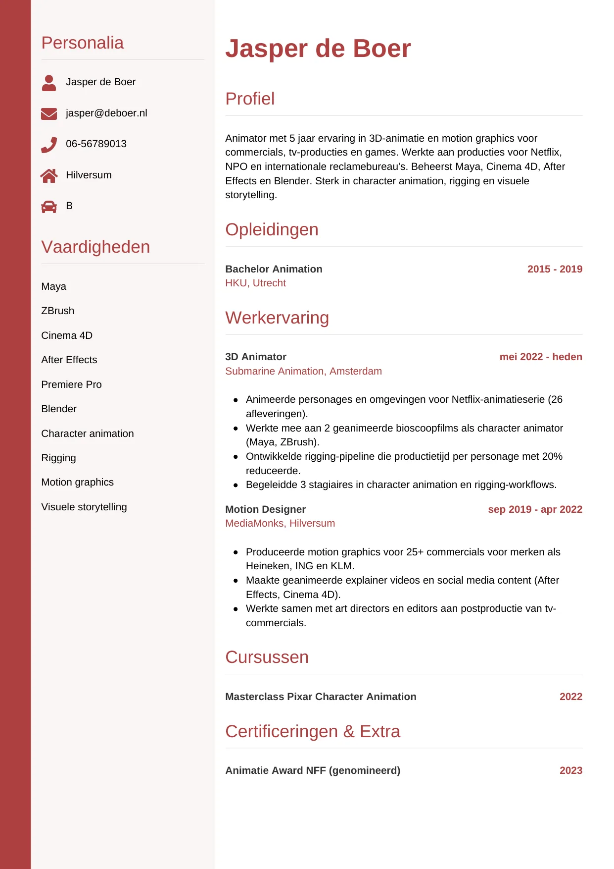 CV Verticaal voor animator