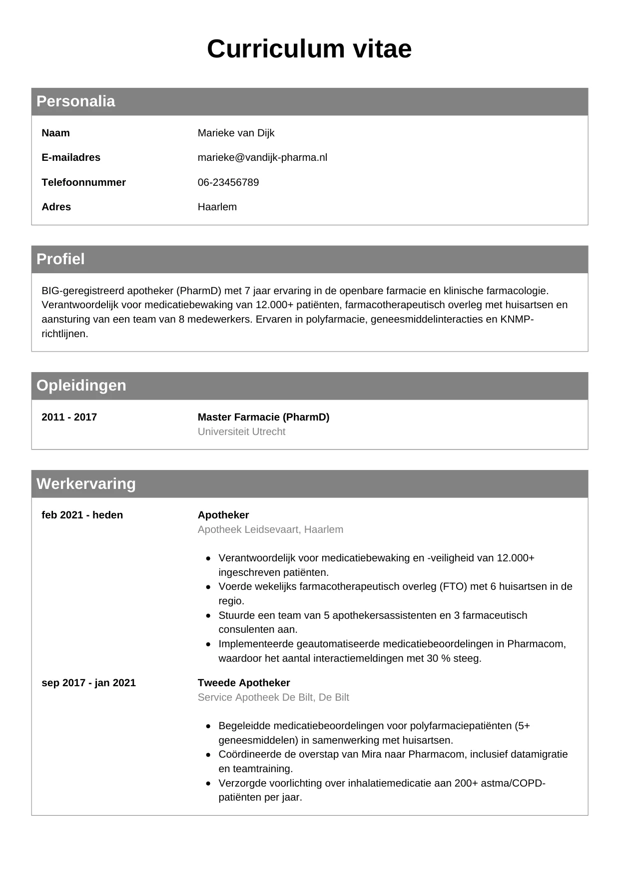 CV Klassiek voor apotheker