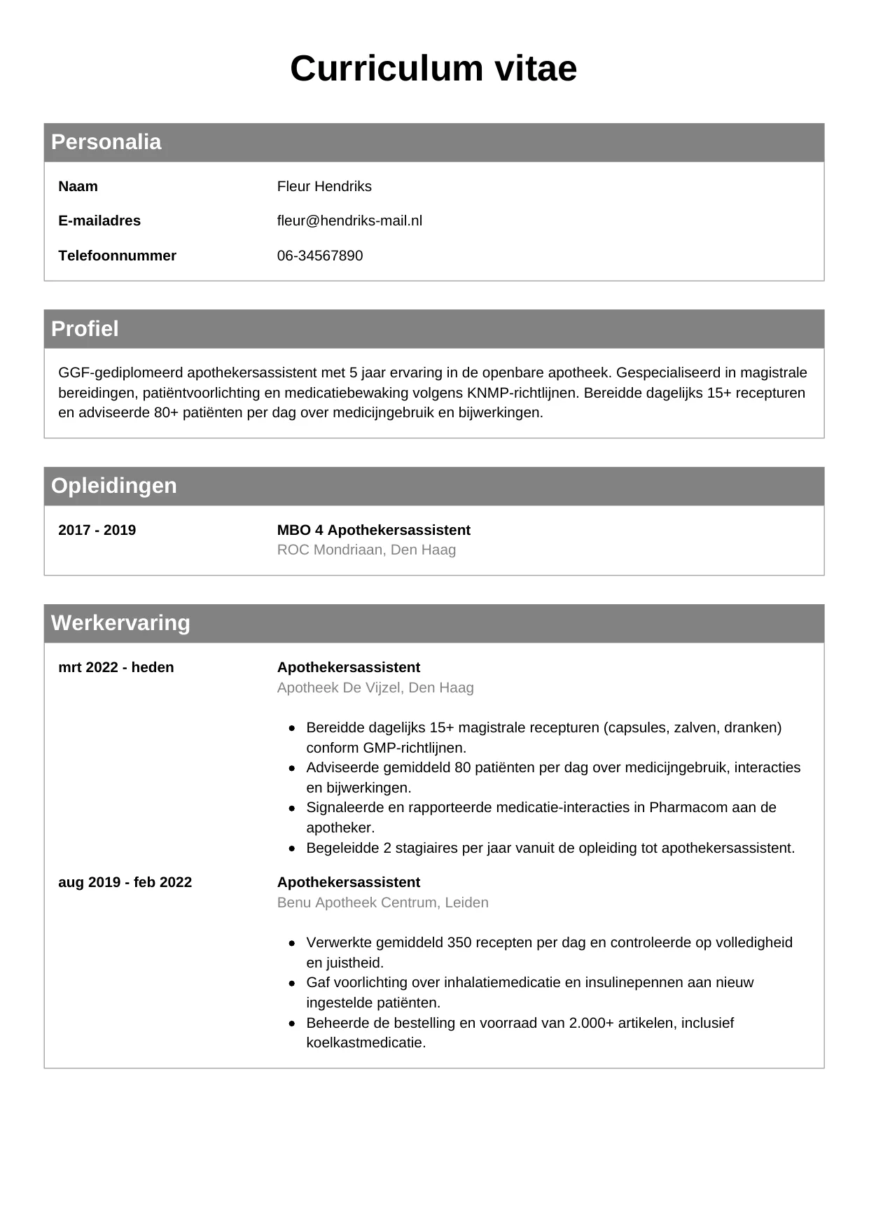 CV Klassiek voor apothekersassistent
