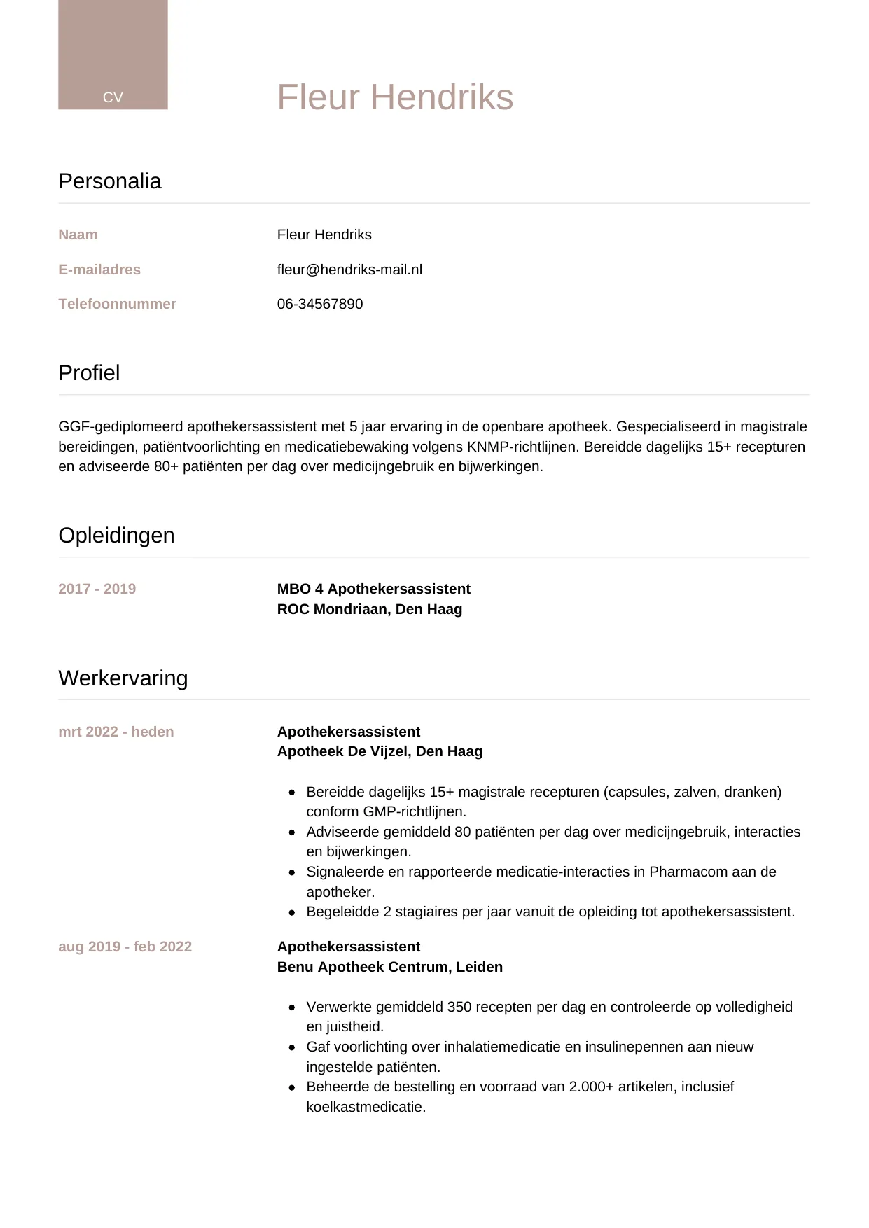CV Luxe voor apothekersassistent