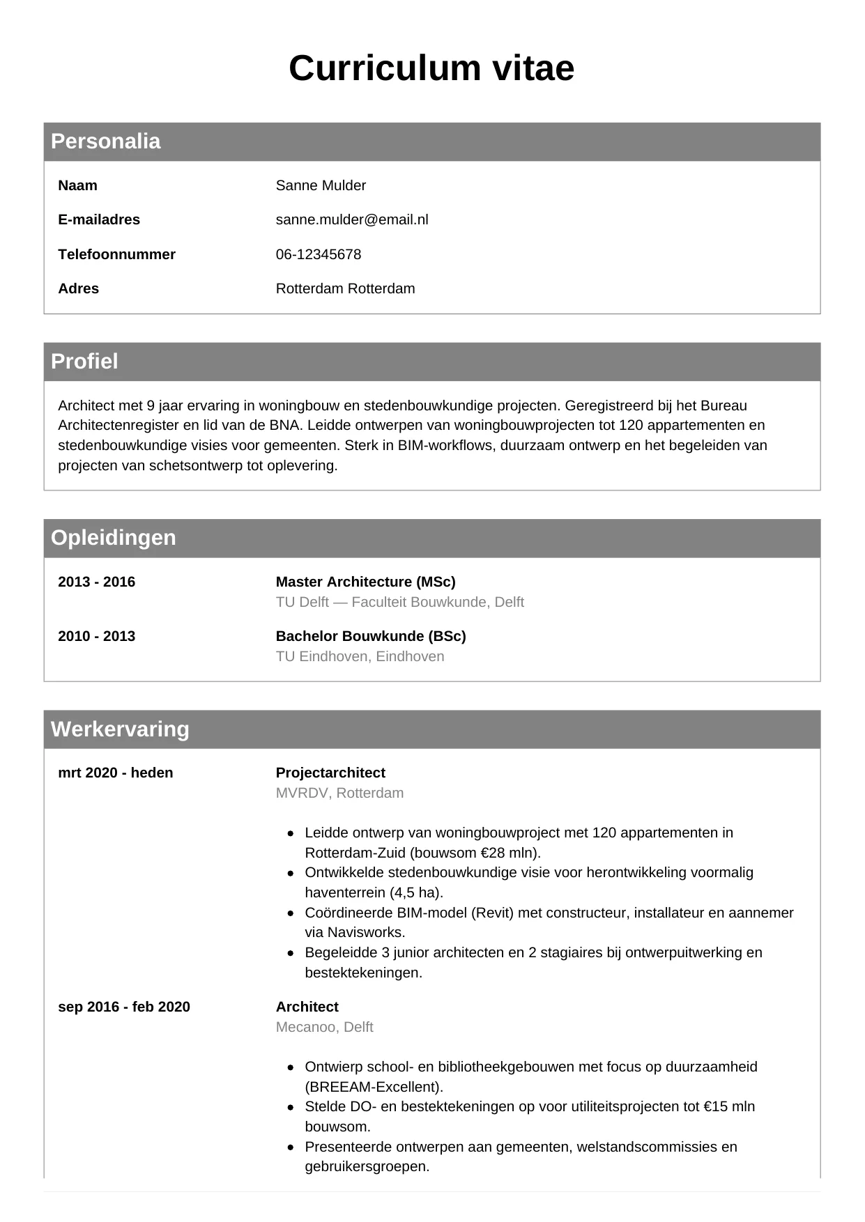 CV Klassiek voor architect