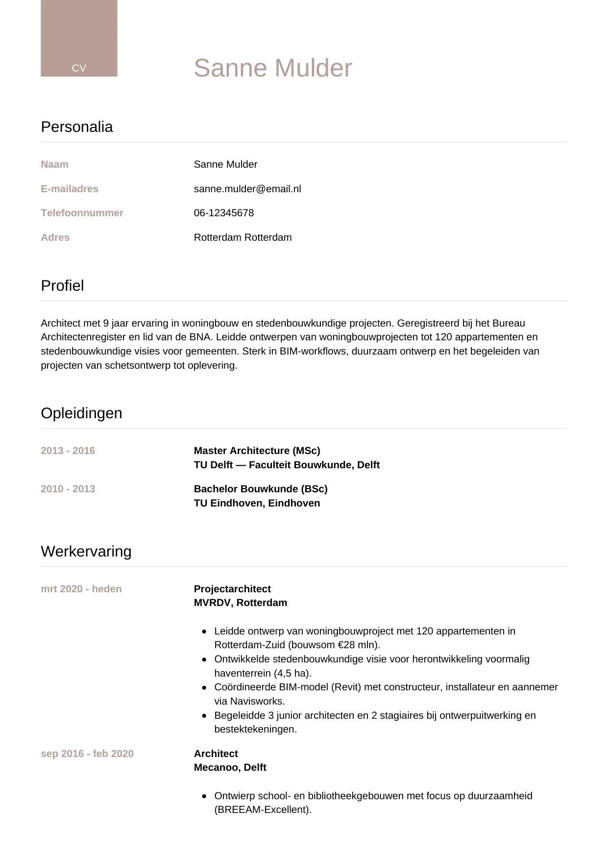 CV Luxe voor architect