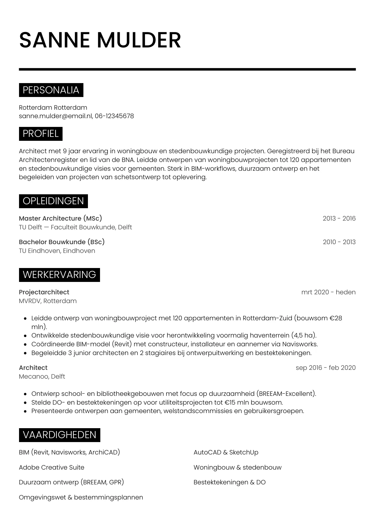 CV Metro voor architect