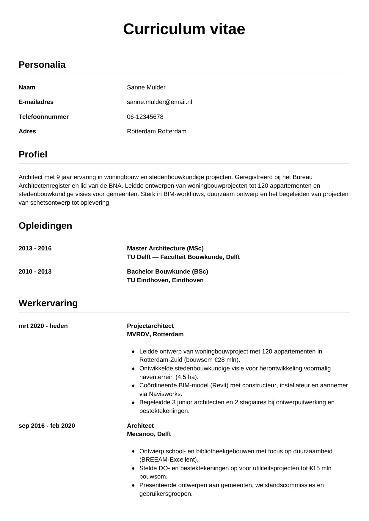 CV Simpel voor architect