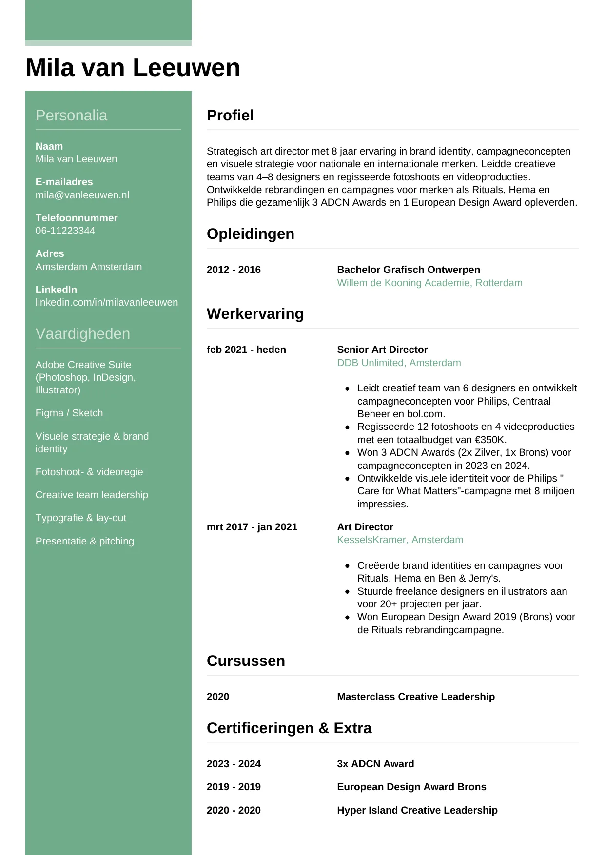 Voorbeeld CV voor art director in template Casual. CV Casual voor art director