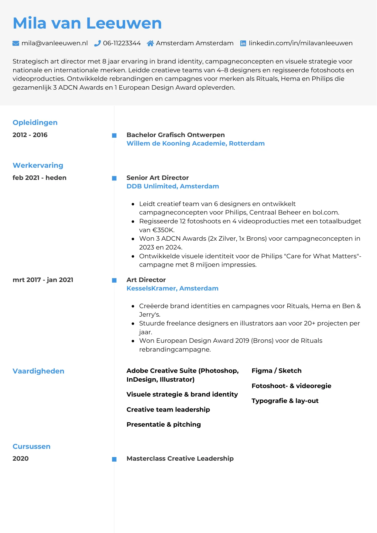 Voorbeeld CV voor art director in template Chrono. CV Chrono voor art director