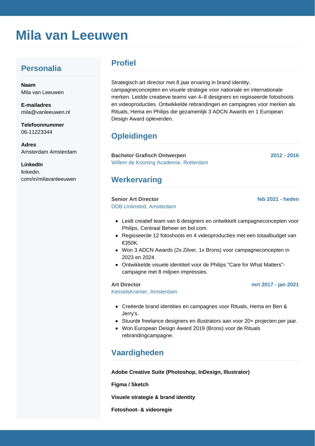 Voorbeeld CV voor art director in template Horizontaal. CV Horizontaal voor art director