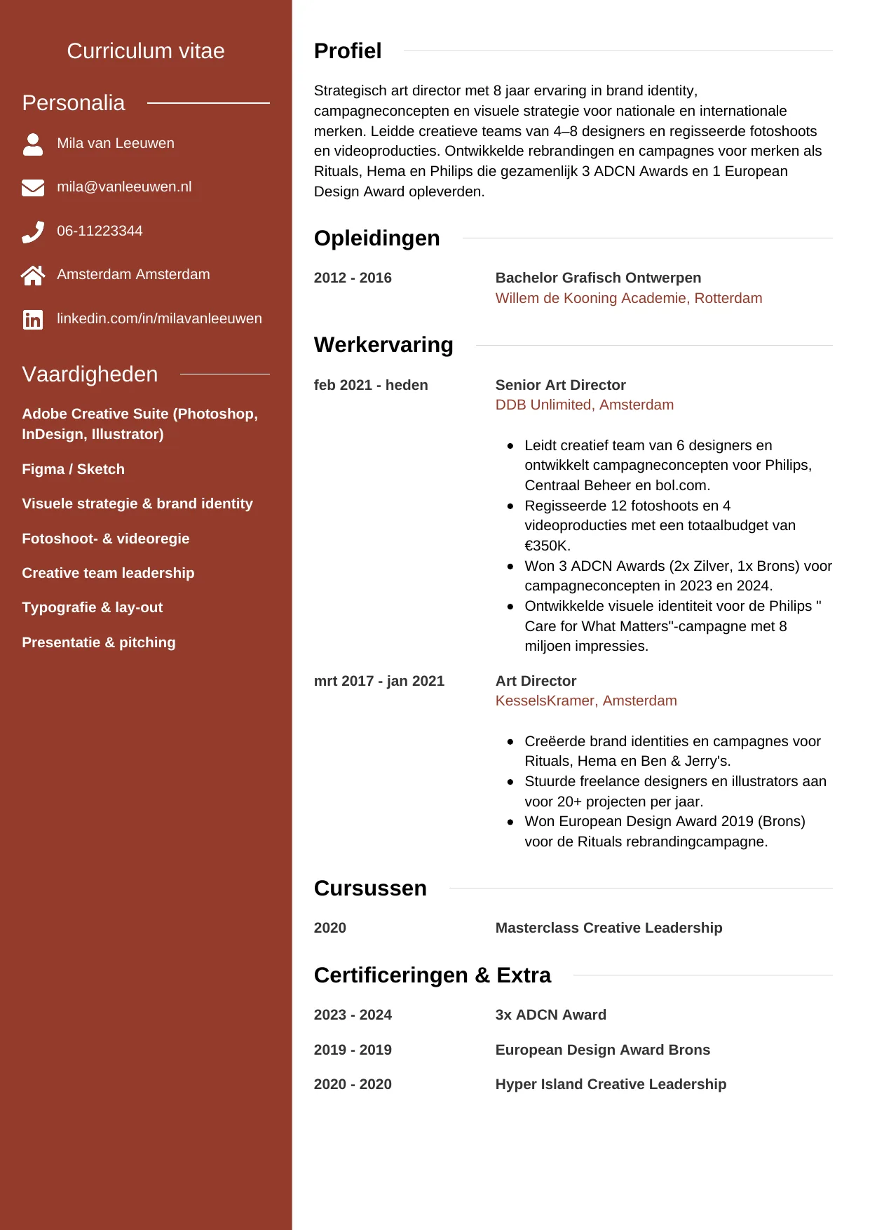 Voorbeeld CV voor art director in template Modern. CV Modern voor art director