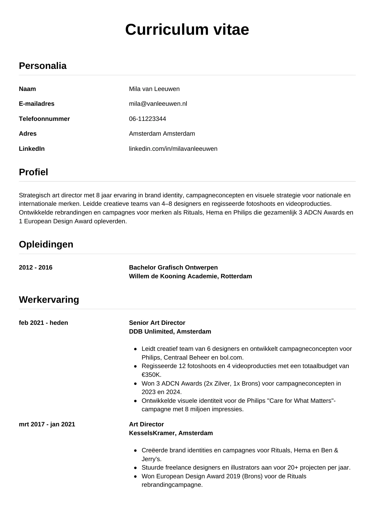 Voorbeeld CV voor art director in template Simpel. CV Simpel voor art director