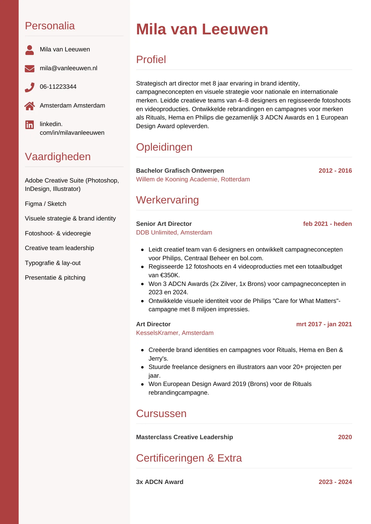 Voorbeeld CV voor art director in template Verticaal. CV Verticaal voor art director
