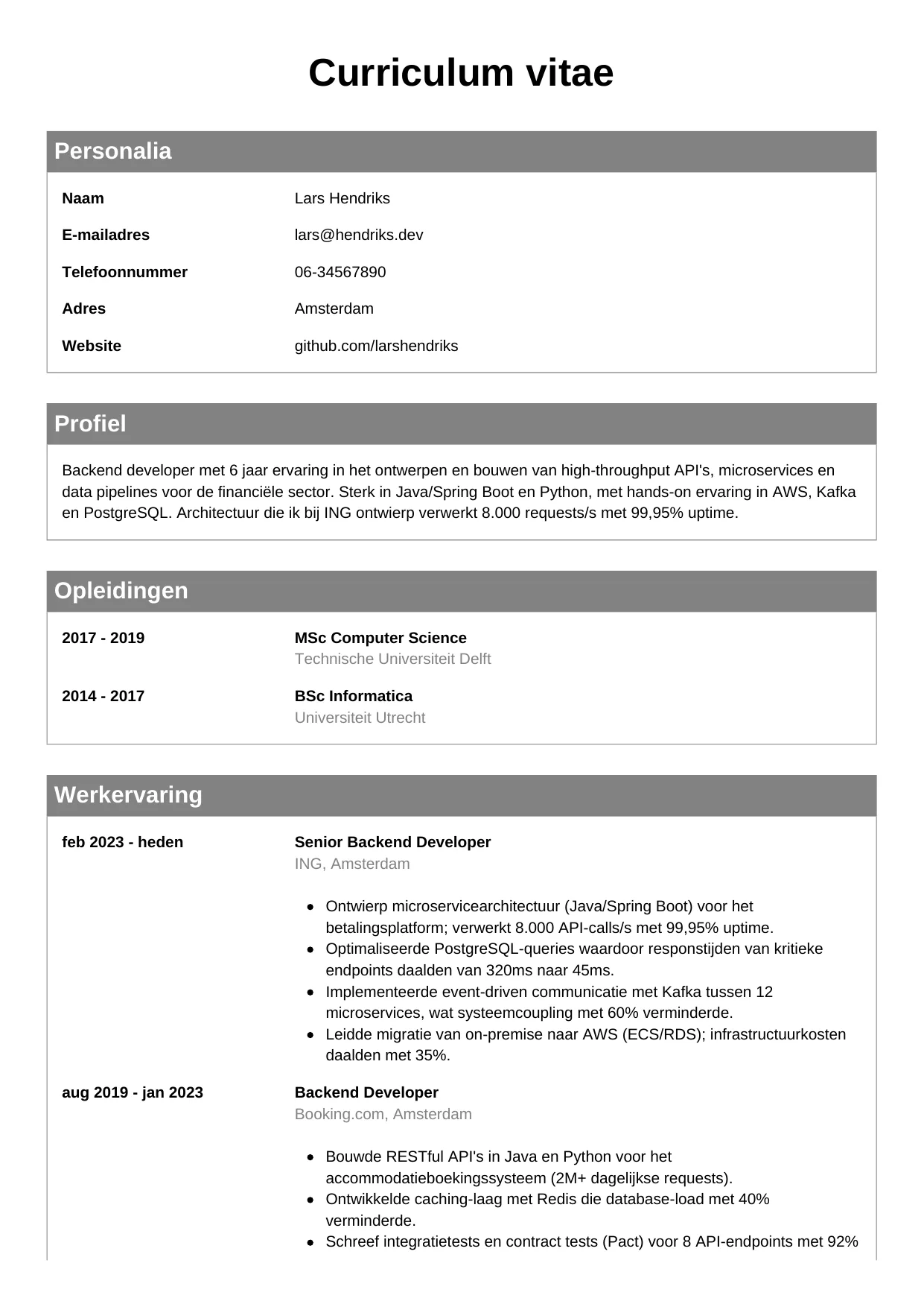 CV Klassiek voor backend developer