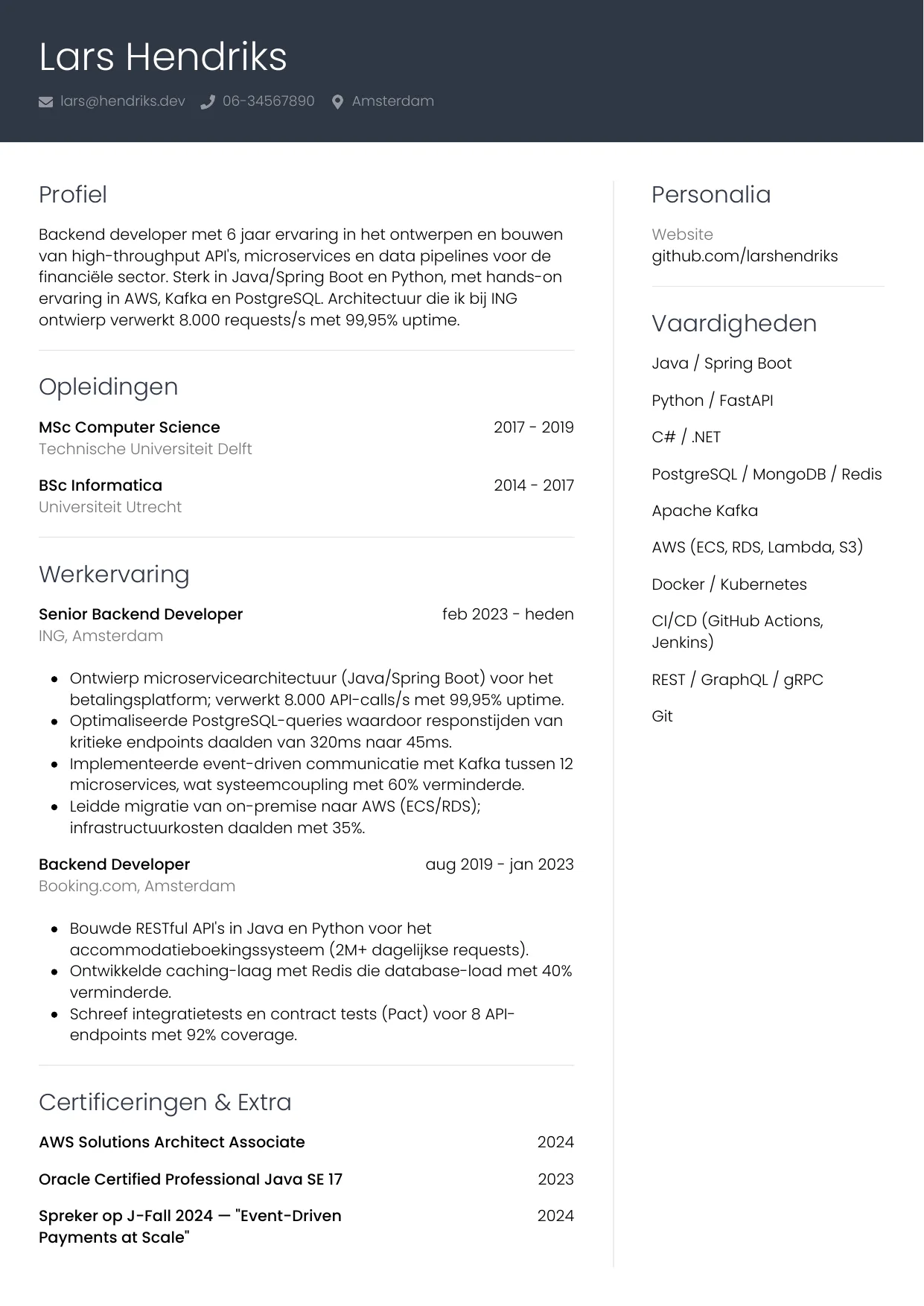 CV Professioneel voor backend developer