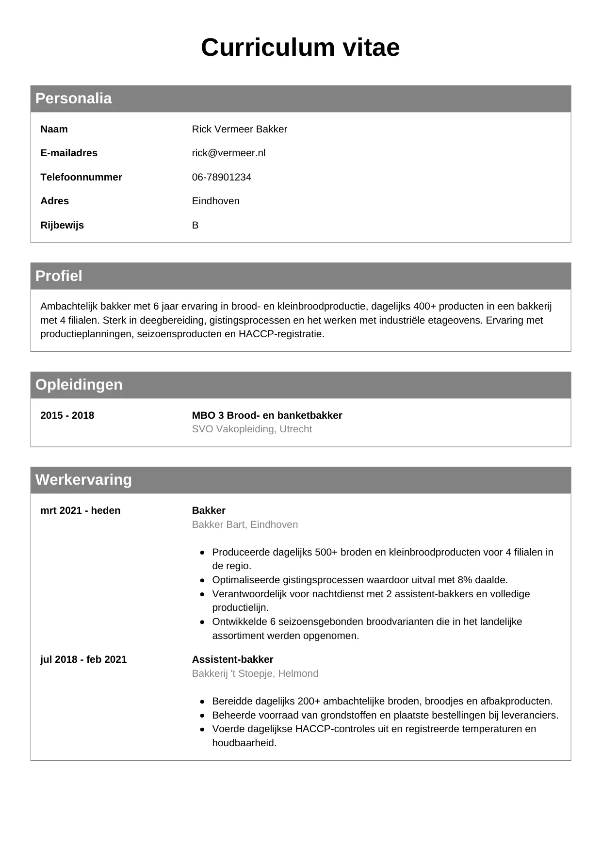 CV Klassiek voor bakker